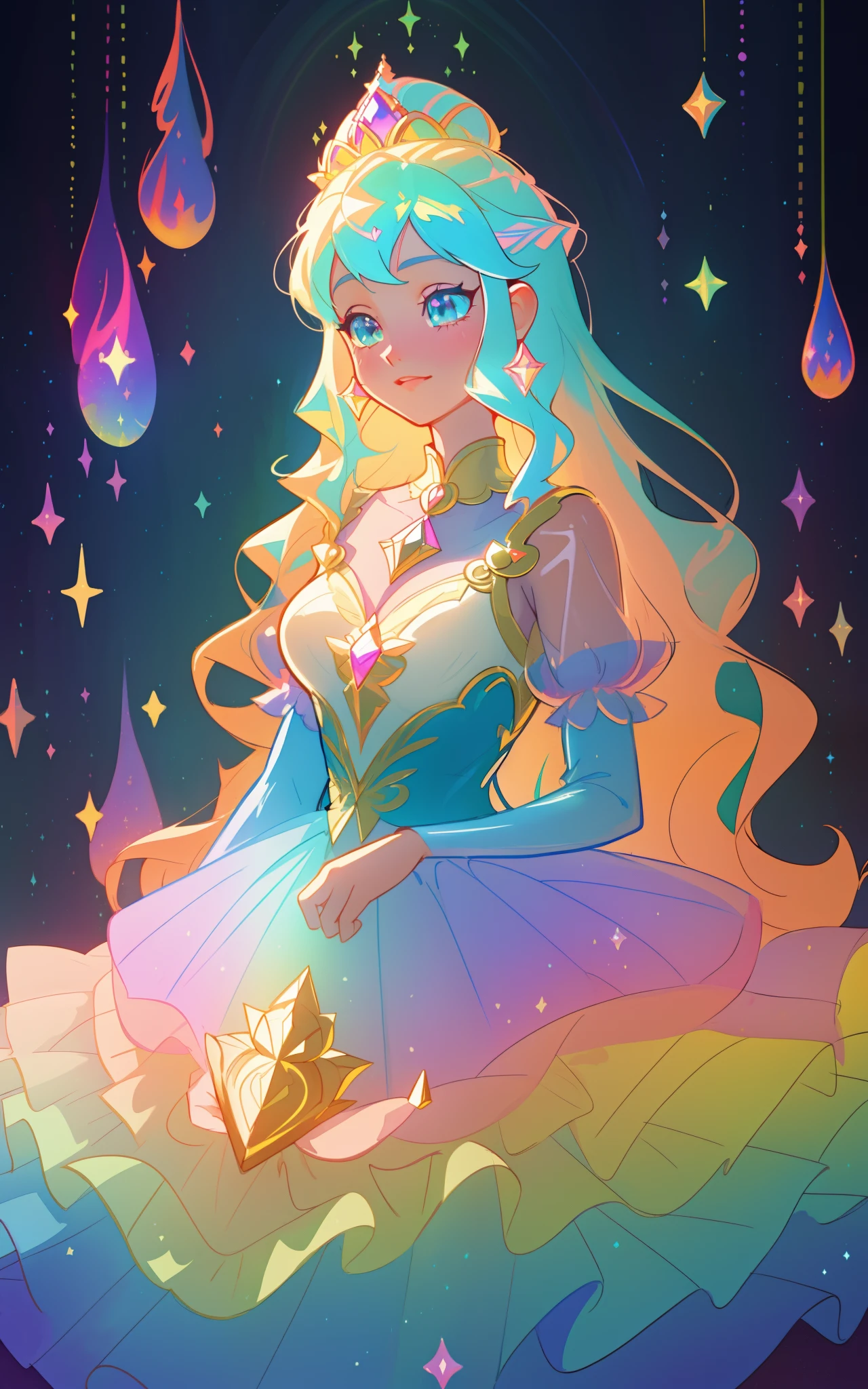 beautiful girl, puffy tiered rainbow ballgown, princess, intricate dress design, vibrant pastel colors, (colorful), long wavy hair, magical lights, sparkling magical liquid, inspired by Glen Keane, inspired by Lois van Baarle, disney art style, by Lois van Baarle, glowing aura around her, by Glen Keane, jen bartel, glowing lights! digital painting, flowing glowing hair, glowing flowing hair, beautiful digital illustration, fantasia background, whimsical, magical, fantasy, ((masterpiece, best quality)), intricate details, highly detailed, sharp focus, 8k resolution, sparkling detailed eyes, liquid watercolor