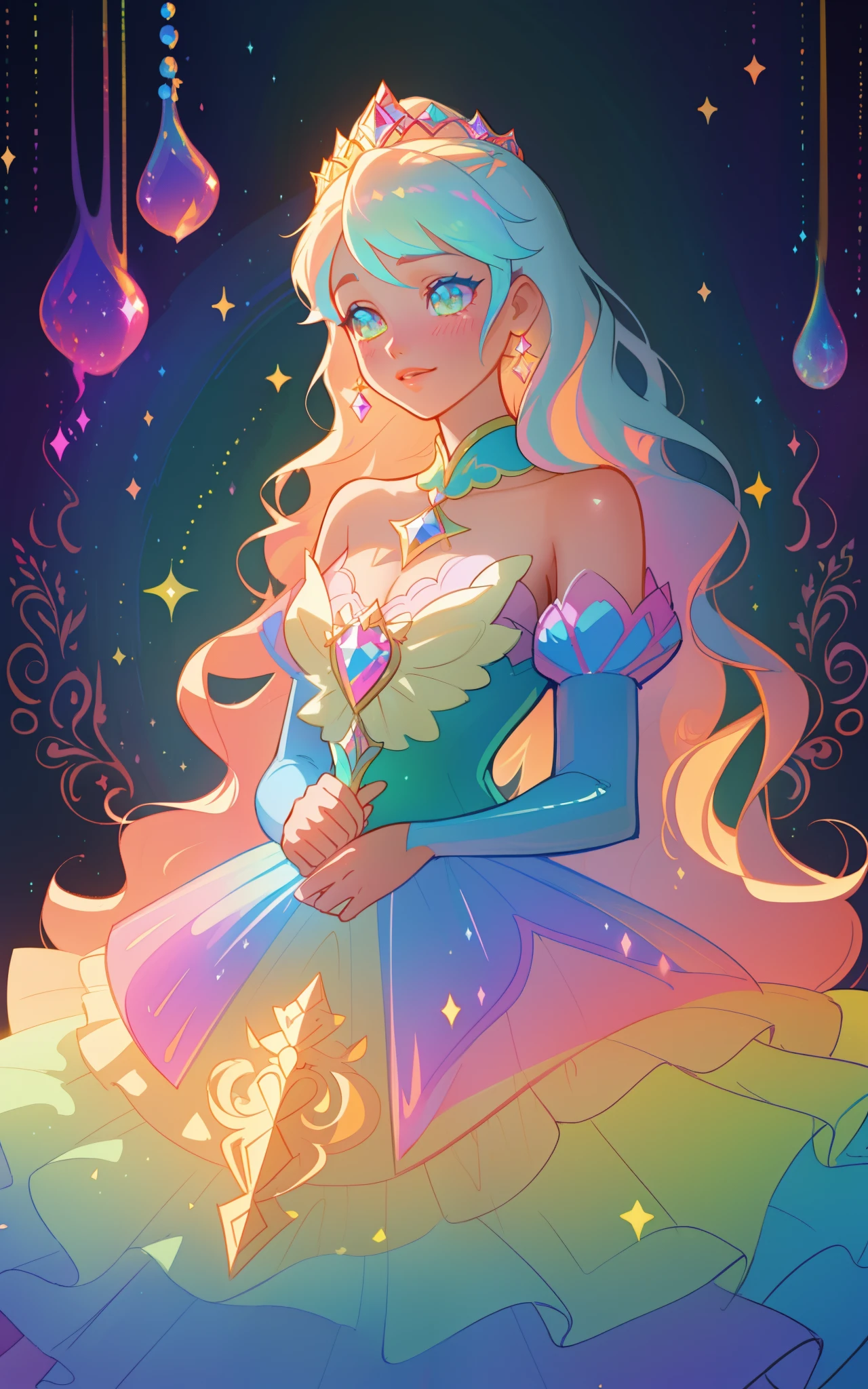beautiful girl, puffy tiered rainbow ballgown, princess, intricate dress design, vibrant pastel colors, (colorful), long wavy hair, magical lights, sparkling magical liquid, inspired by Glen Keane, inspired by Lois van Baarle, disney art style, by Lois van Baarle, glowing aura around her, by Glen Keane, jen bartel, glowing lights! digital painting, flowing glowing hair, glowing flowing hair, beautiful digital illustration, fantasia background, whimsical, magical, fantasy, ((masterpiece, best quality)), intricate details, highly detailed, sharp focus, 8k resolution, sparkling detailed eyes, liquid watercolor