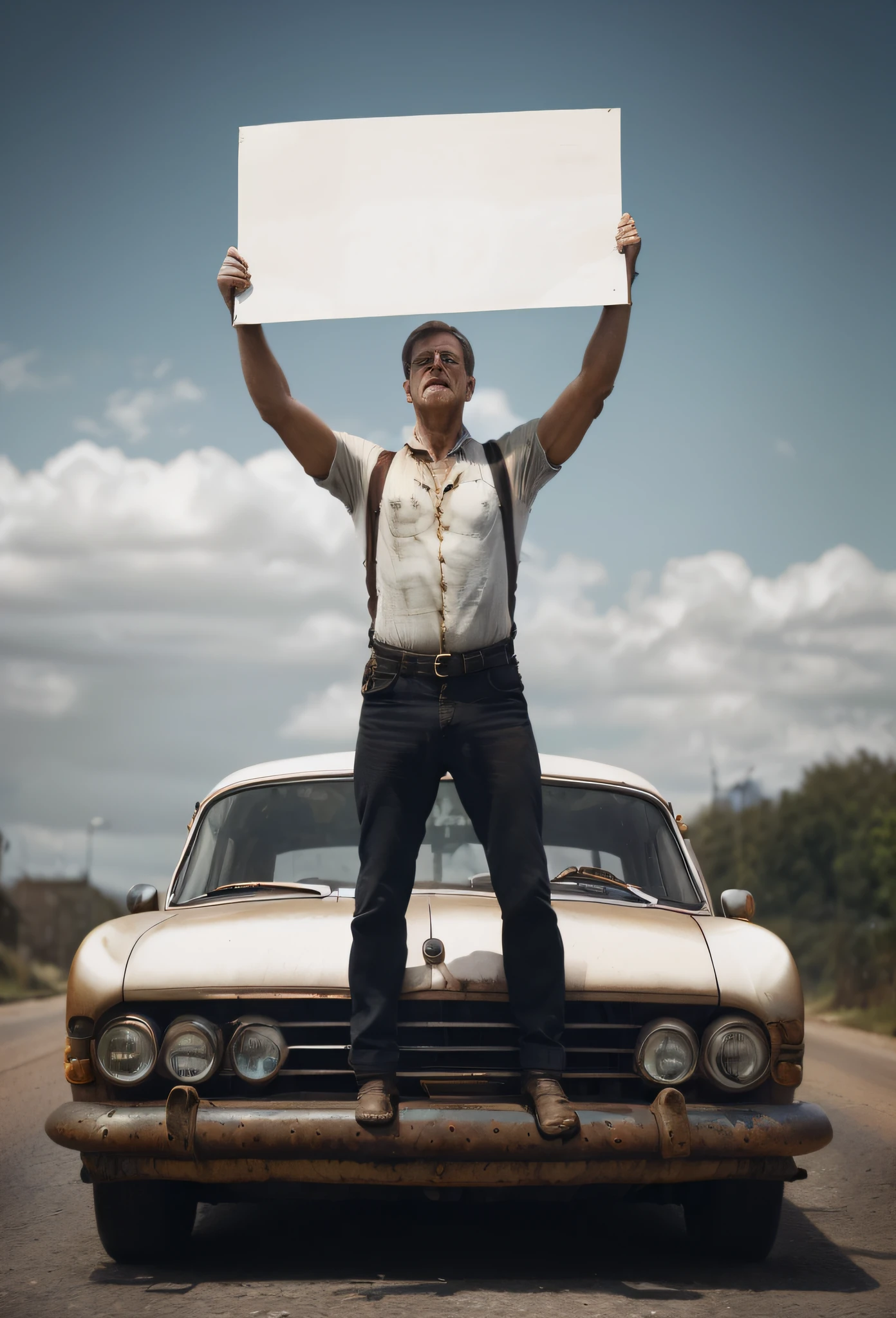 (photo-realistic,historical,street,protest,man,arms raised,sign,old car,rusty,German car,detailed,standing,roadside)