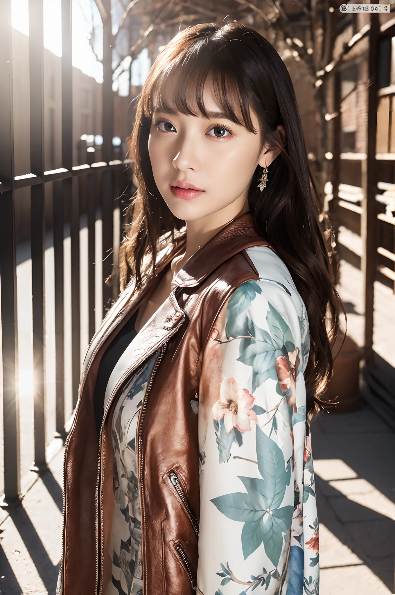 Winter scene、Snow Run、((Maxi dress with print pattern、leather jackets))、depth of fields,Real Light,Ray traching,OC Renderer,UE5 Renderer,Hyper-realistic,best qualtiy,8K,Works of masters,super-fine,Correct anatomy、Asian woman posing, (8K、RAW Photos、top-quality、masterpiece:1.2)、(realisitic、Photorealsitic:1.37)、25-years old、1人、light brown hair、详细的脸、Detailed lips、detailedeyes、(huge-breasted:1.3)、Alafed Women、full-body view、