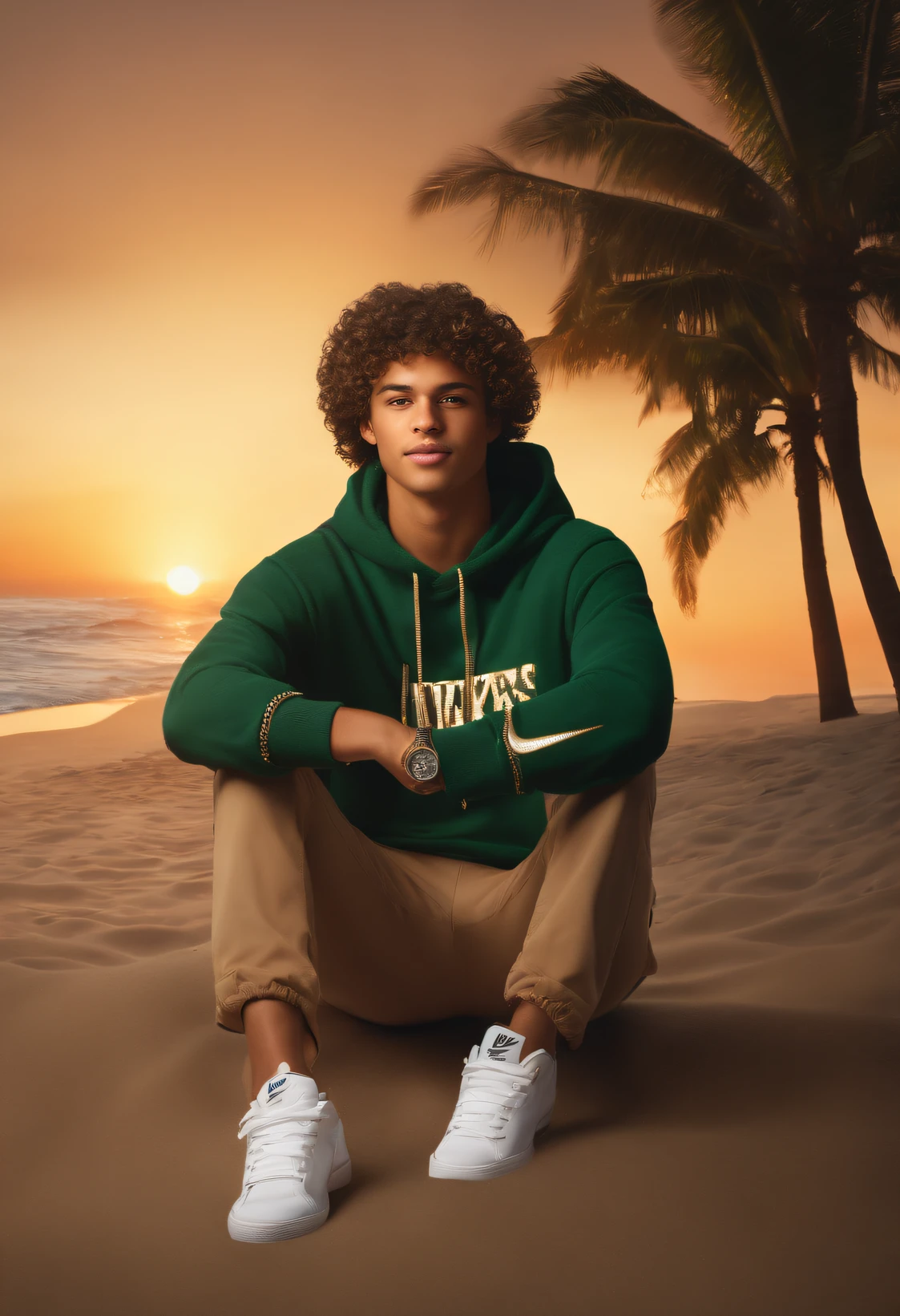 realism portrait of a tall teenage ((boy)), masculine, handsome, ambitious, happy, mixed race ((light, tan skin color)), ((short, luscious curly hair)), ((surfer hair)), big brown eyes, sitting counting a bunch of money, ((diamond watch)), ((diamond chains)), ((nike shoes)), ((money)), ((nice sunrise)) ((beautiful beach)), [cap], wearing dark green hoodie, matching dark green pants, and jordans, current fashion, dark lighting background, product view, detailed facial details, perfect face, sharpness, art trend, facial details sharp, cgsociety, ultra high quality digital artwork, exquisite hyper detail, 4k, 8k neon lighting, --iso 100 dreamy, fashion -