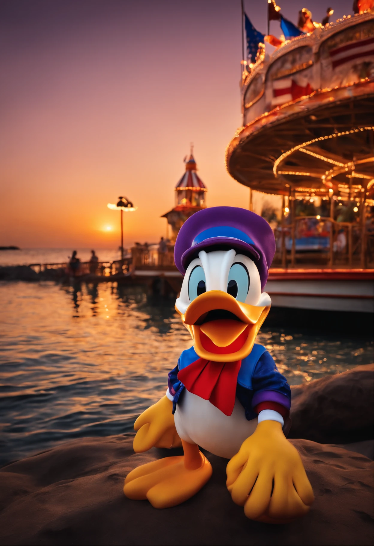 Por favor, create a painting of Donald Duck proudly holding an American flag by the beach. In this particular art style, The setting is inspired by the atmosphere of an amusement park. The illumination represents the sunset, With shades of orange and purple painting the sky. Donald Duck expresses his characteristic personality with joy and pride. Ademais, na cena, Include the silhouette of an amusement park in the background, providing a sense of celebration and excitement."