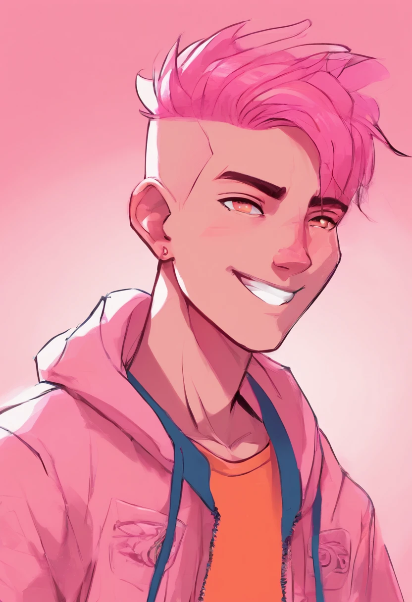 to a boy ( naked) that you can see his penis pink hair color mullet hairstyle green eye color (whole body) full picture, (excited)