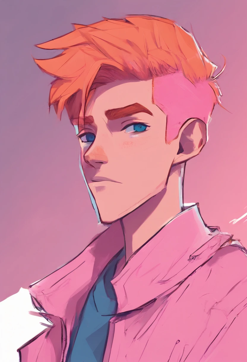 age boy, orange skin, pink hair, pink eyes, topknot, straight hair, shaved hair on the sides, blue shirt, fake smile, eyes on the color pink, 2D, Cartoon style