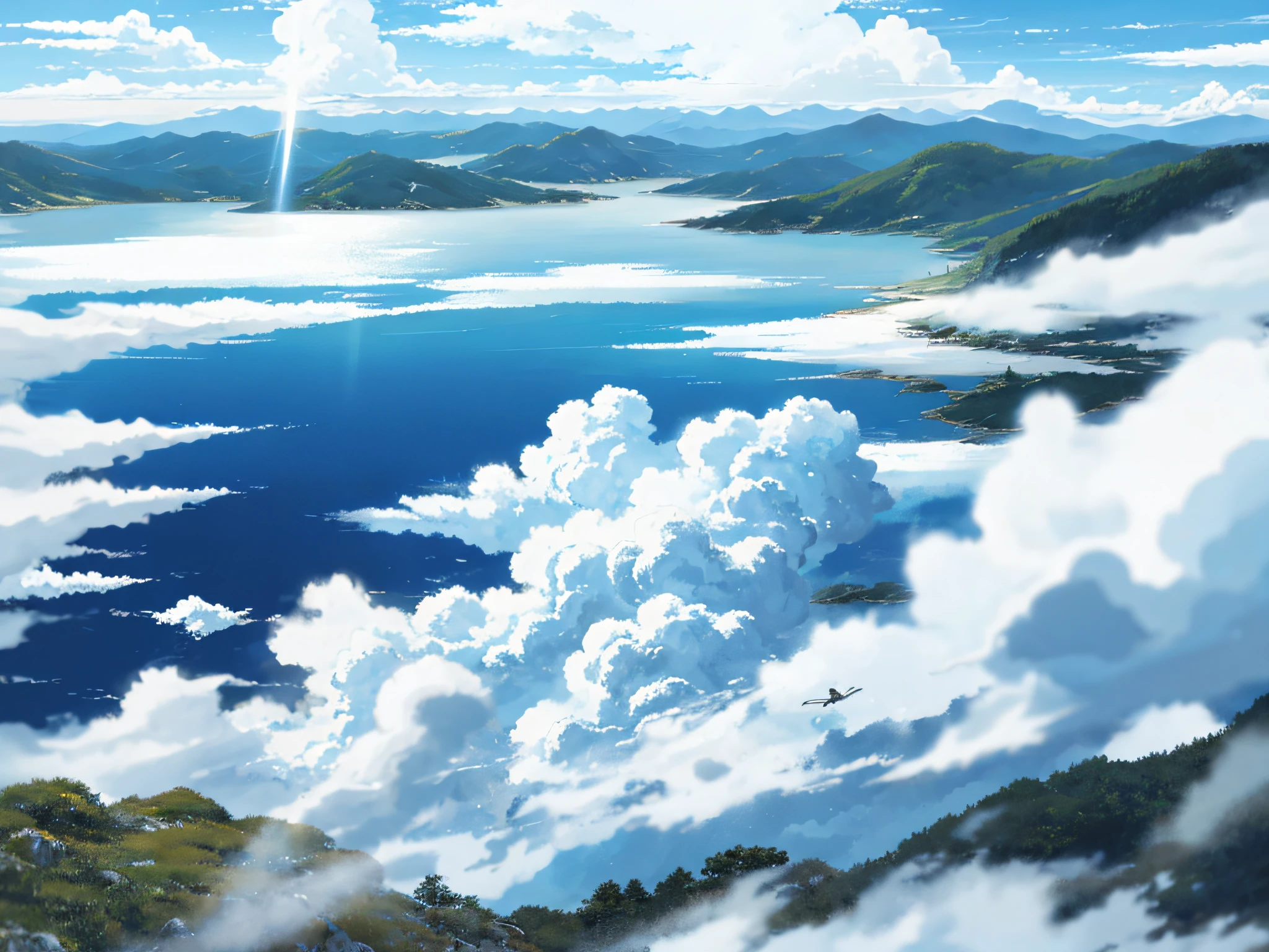 , Floating clouds,Pure white clouds,White tones, 8K HD，View of the bay from the hillside，studio ghibli sky, Ghibli Studio Landscape, ghibli studio environment, studio ghibli sunlight, detailed scenery —width 672, Miyazaki hayao style, Author：miyazaki, beautifull puffy clouds，animemasume, Author：miyazaki, studio ghibli composition, plane flying in the sky, clouds.