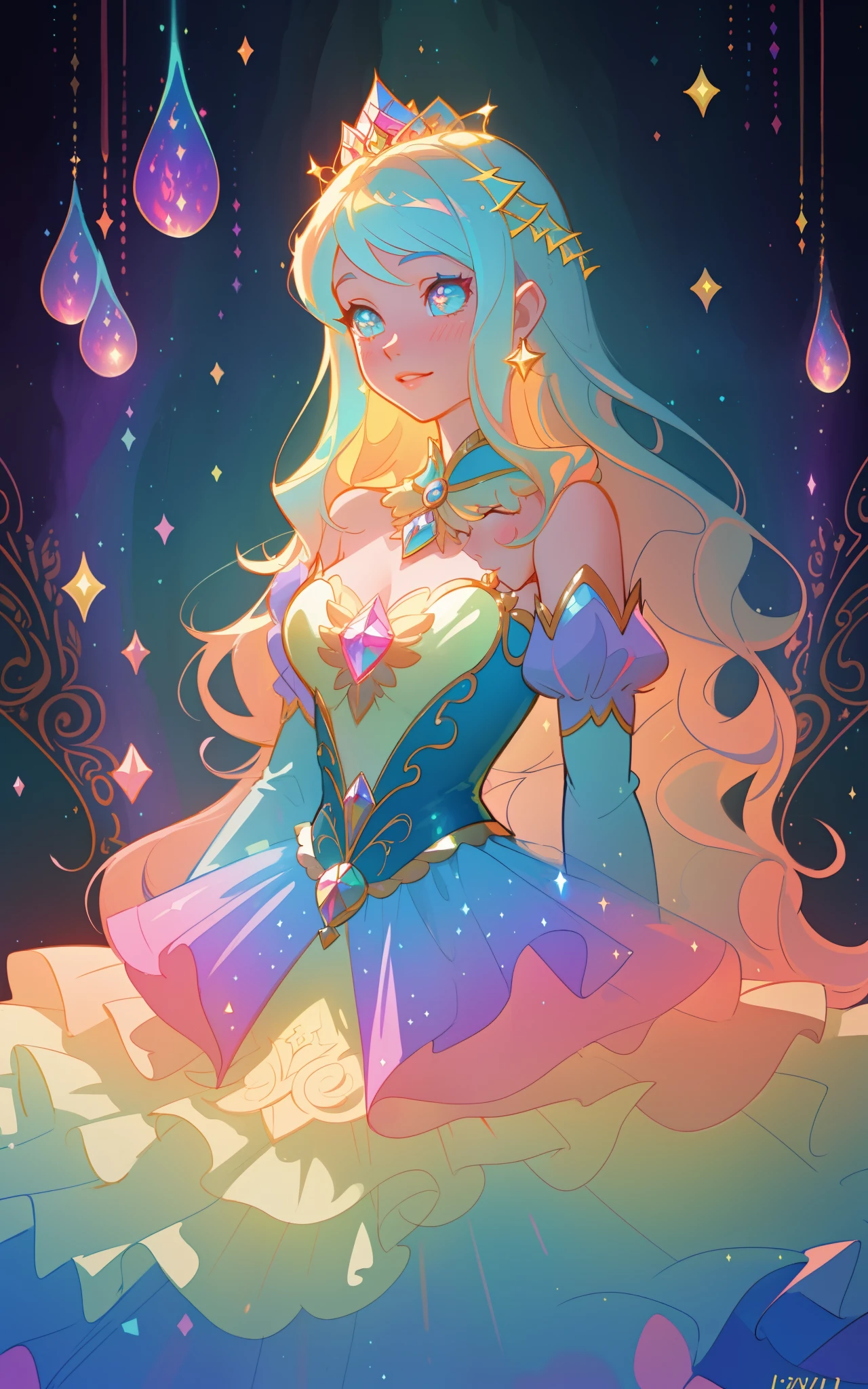 masterpiece, best quality, 8k resolution, sharp focus, intricate detail, beautiful girl, sparkling eyes, golden ratio face, otherworldly liquid, watercolor, ((pastel colors)), bright colors, whimsical, colorful, sharp focus, high resolution, fine detail, ((ballgown made of liquid)), iridescent bubbles