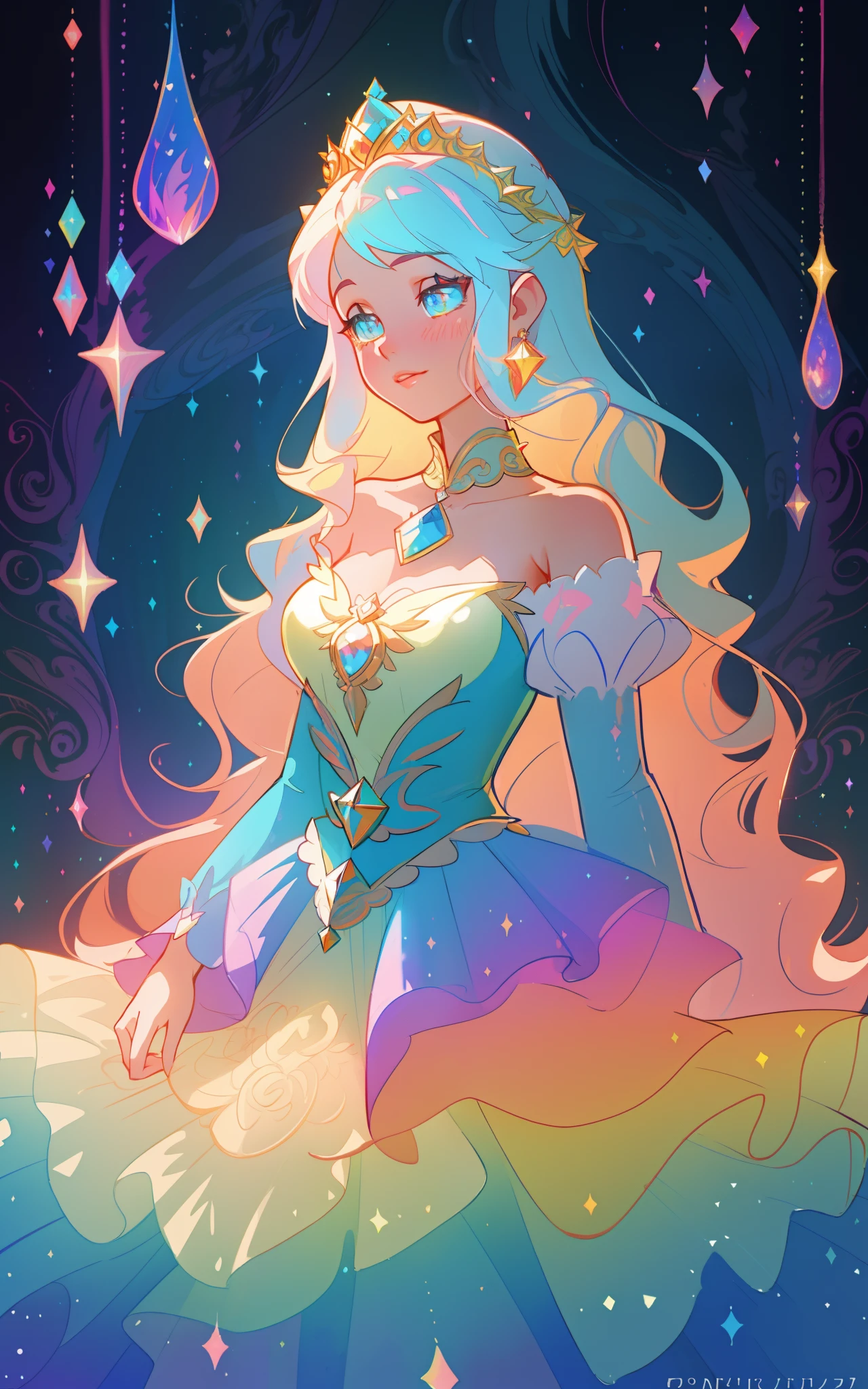 beautiful girl, puffy tiered rainbow ballgown, princess, intricate dress design, (colorful), long wavy hair, magical lights, sparkling magical liquid, inspired by Glen Keane, inspired by Lois van Baarle, disney art style, by Lois van Baarle, glowing aura around her, by Glen Keane, jen bartel, glowing lights! digital painting, flowing glowing hair, glowing flowing hair, beautiful digital illustration, fantasia background, whimsical, magical, fantasy, ((masterpiece, best quality)), intricate details, highly detailed, sharp focus, 8k resolution, sparkling detailed eyes, liquid watercolor