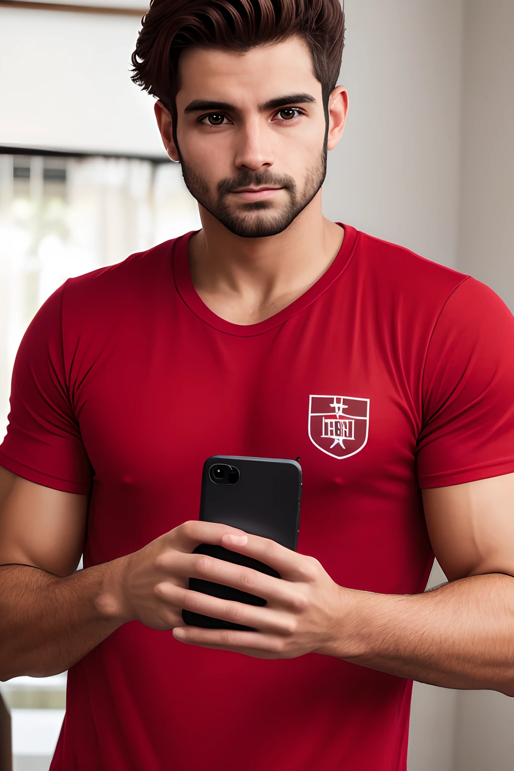 uma imagem realista e hipnotizante de um jovem bondoso, wearing a medium red T-shirt emblazoned with the word "Crescer", usando um fone de ouvido, looking at the camera, totalmente na foto
