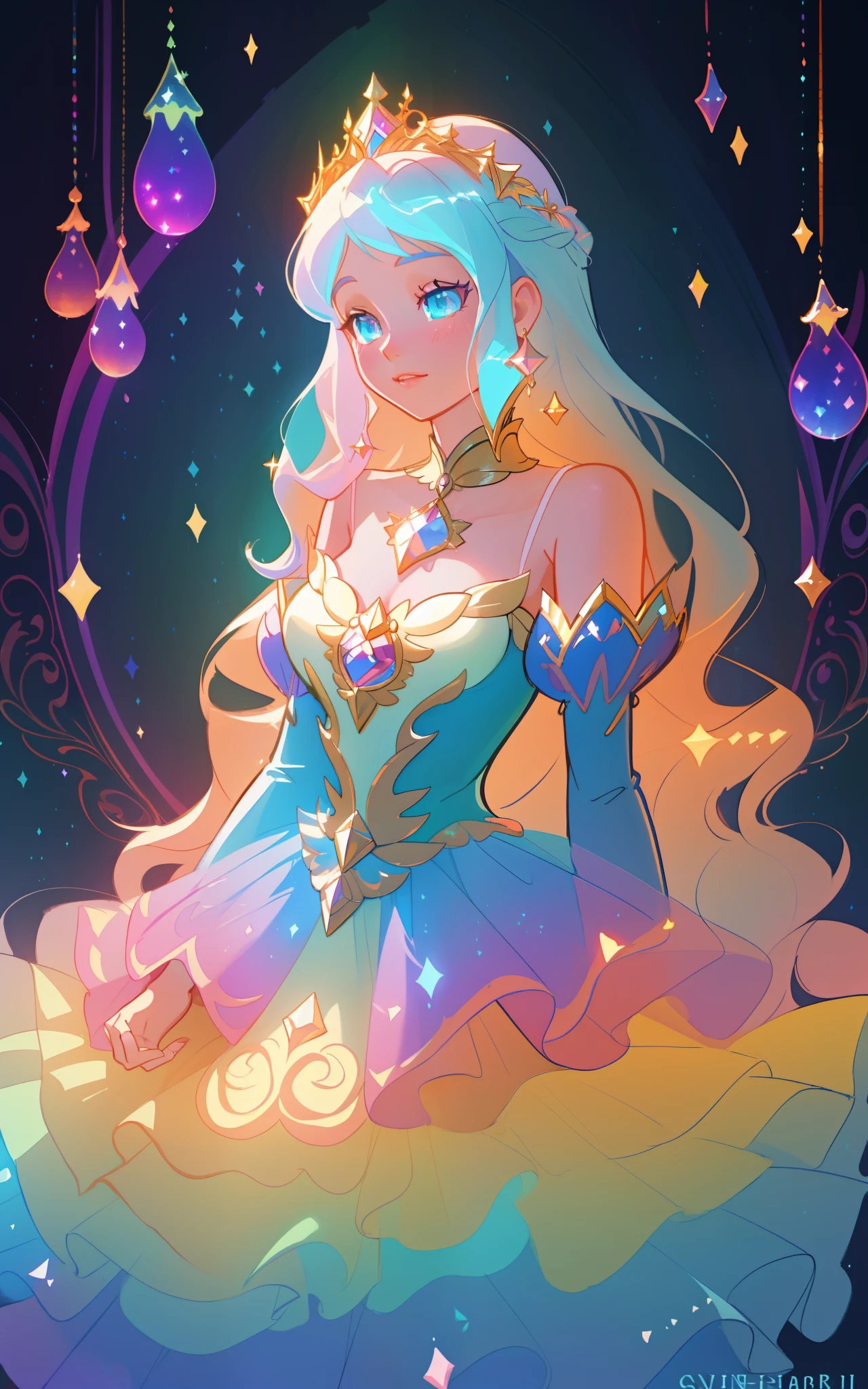 beautiful girl, puffy tiered rainbow ballgown, princess, intricate dress design, long wavy hair, magical lights, sparkling magical liquid, inspired by Glen Keane, inspired by Lois van Baarle, disney art style, by Lois van Baarle, glowing aura around her, by Glen Keane, jen bartel, glowing lights! digital painting, flowing glowing hair, glowing flowing hair, beautiful digital illustration, fantasia background, whimsical, magical, fantasy, ((masterpiece, best quality)), intricate details, highly detailed, sharp focus, 8k resolution, sparkling detailed eyes, liquid watercolor