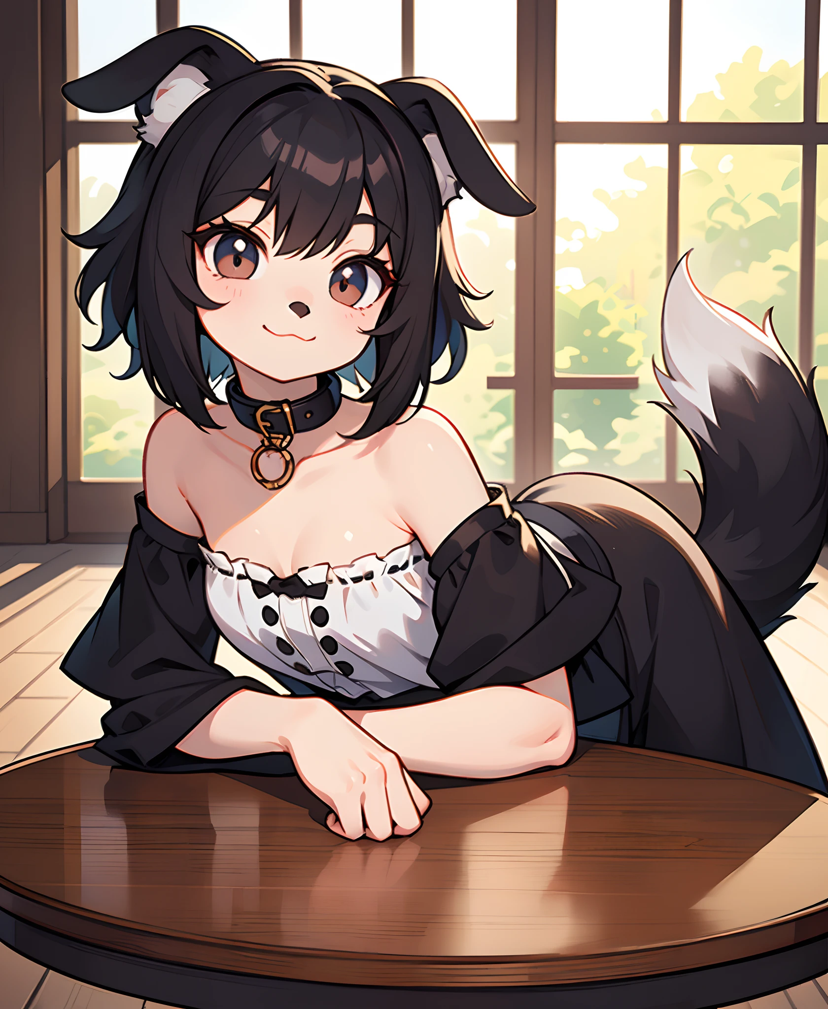 (by qupostuv35:1.0), (by siroc:0.7) female, (Detailed face), [(thin:1.1) : petite : (Border Collie):4], (Detailed face), (more detail, detailed background:1. 1), lush eyelashes, tail, soft smile, puppy, looks at camera with tilted head, shoulder, broad-shouldered blouse, portrait, black puppy eyes, collar ID, no humans, photo \(medium\), black and white fur, (all four), front paws on coffee table, window in background and a wooden table,  furaffinity trend, furry artwork, a 3D render, furry art