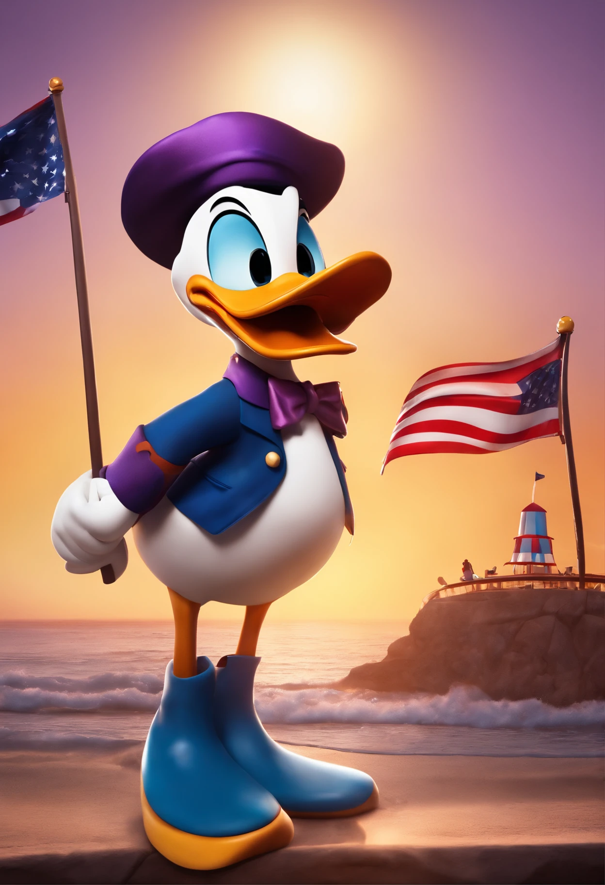 Por favor, create a painting of Donald Duck proudly holding an American flag by the beach. In this particular art style, The setting is inspired by the atmosphere of an amusement park. The illumination represents the sunset, With shades of orange and purple painting the sky. Donald Duck expresses his characteristic personality with joy and pride. Ademais, na cena, Include the silhouette of an amusement park in the background, providing a sense of celebration and excitement."