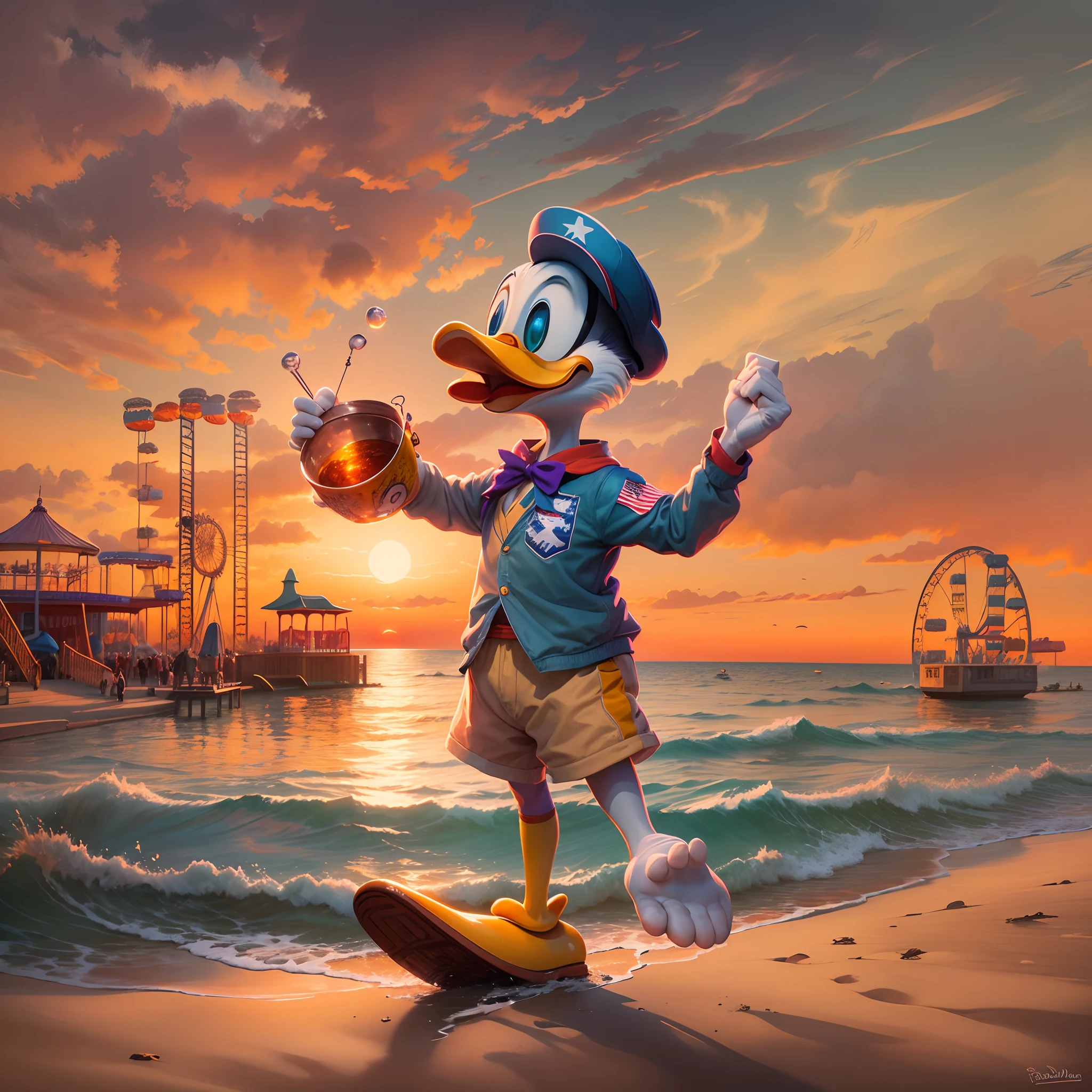 Por favor, create a painting of Donald Duck proudly holding an American flag by the beach. In this particular art style, The setting is inspired by the atmosphere of an amusement park. The illumination represents the sunset, With shades of orange and purple painting the sky. Donald Duck expresses his characteristic personality with joy and pride. Ademais, na cena, Include the silhouette of an amusement park in the background, providing a sense of celebration and excitement.