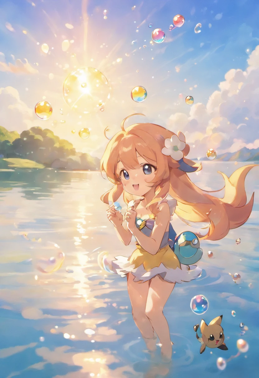 Ultra high definition 3D sensational scene showcasing making a wish on the shore of a quiet lake. not any dressed, Beautifully rendered down to the smallest detail, Bubbles are seen gently blowing into the air, Each one has a wish full of inferiority. Bubbles capture the reflection of the setting sun, Dreamy creation, magical effect. The overall atmosphere is soft, Full of hope and tranquility, smirk, blush