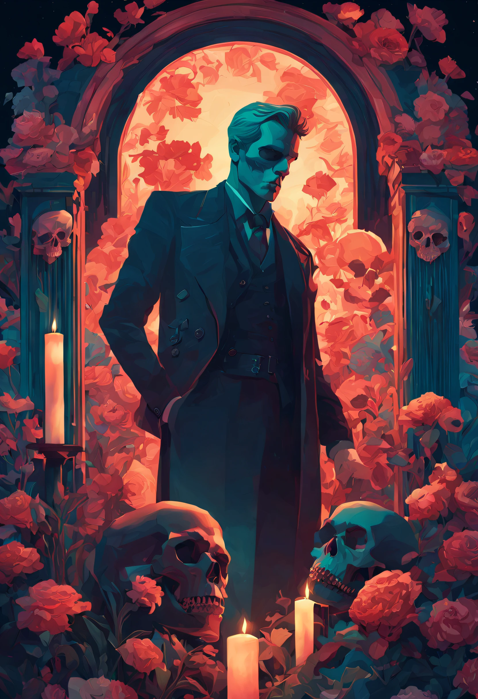 Art deco masterpiece, alpha male, at night, cemetery, flowers, skull, nightmare, candles, intricately detailed, sharp focus, extremely detailed, dark fantasy, glowing, colorful painting, rich color, HDR, octane render, digital illustration, cinematic light, art by [ Sachin Teng, Alphonse Mucha, Jean Dupas, Eugène Grasset ]