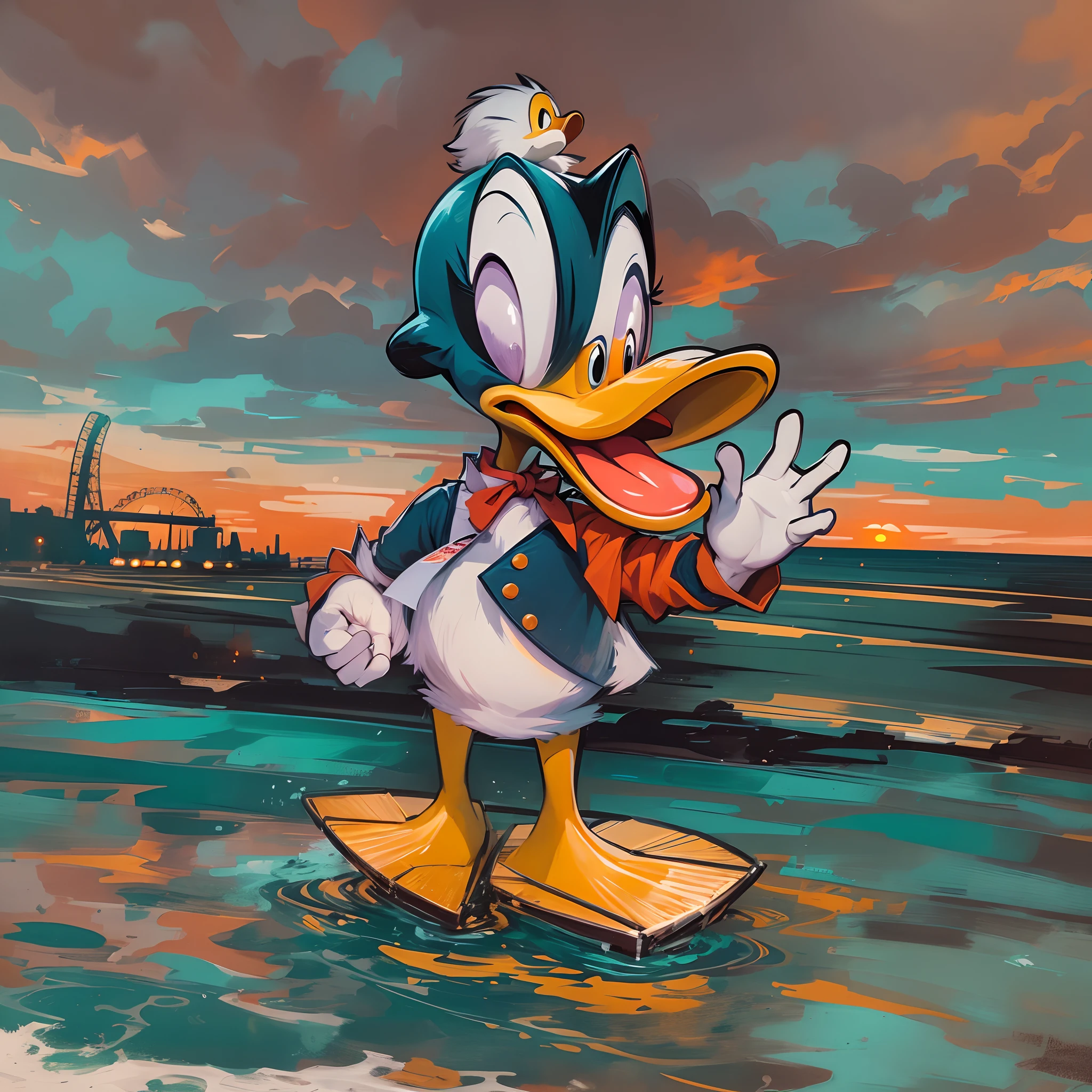 Por favor, create a painting of Donald Duck proudly holding an American flag by the beach. In this particular art style, The setting is inspired by the atmosphere of an amusement park. The illumination represents the sunset, With shades of orange and purple painting the sky. Donald Duck expresses his characteristic personality with joy and pride. Ademais, na cena, Include the silhouette of an amusement park in the background, providing a sense of celebration and excitement.