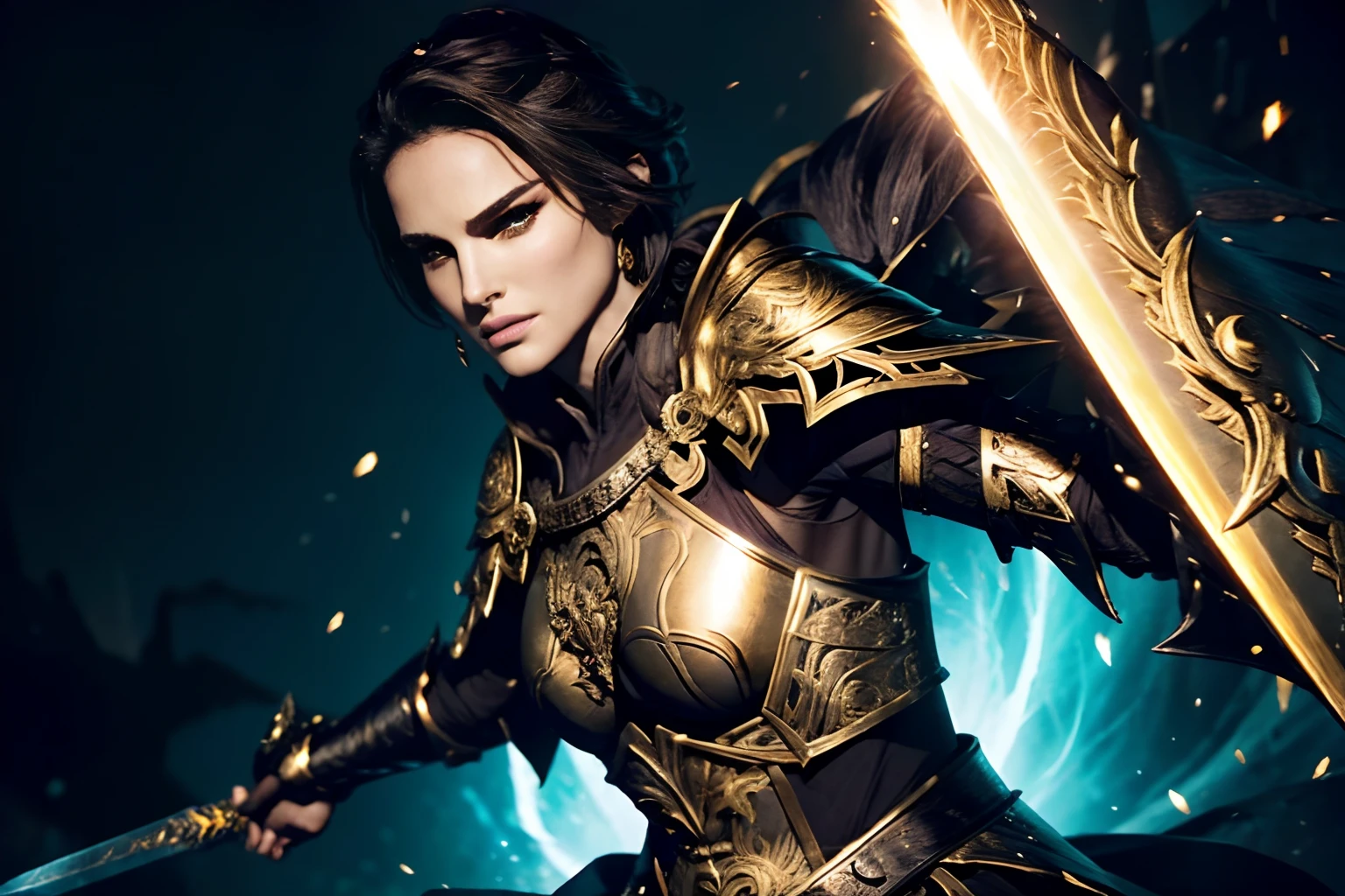 Vivid colors, empress warrior, huge cape black with gold ascents, detailed empress armor, engraved metallic armor, intricate designs on the armor, white black and gold armor , intricate armor engravings, imposing and powerful stance, fierce , flowing short hair white, dynamic pose, intense battle scene, fantasy setting, vibrant colors, dramatic lighting, epic atmosphere, mythical creatures in the background, magical effects surrounding the sword, attention to anatomy and facial features, iconic use of highlights and shadows, capturing emotion, masterful composition, portraying strong female characters, majestic. Natalie Portman face