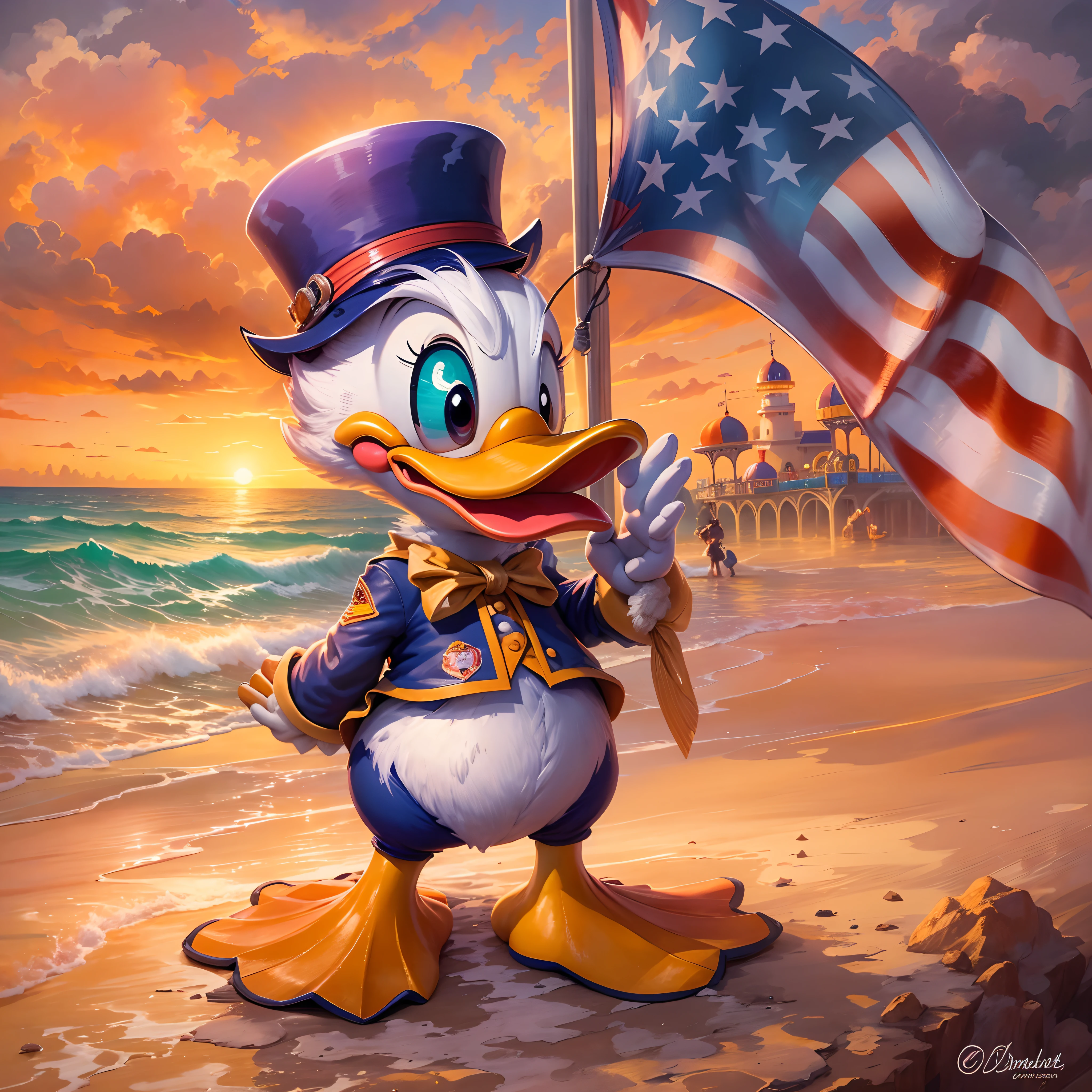 Por favor, create a painting of Donald Duck proudly holding an American flag by the beach. In this particular art style, The setting is inspired by the atmosphere of an amusement park. The illumination represents the sunset, With shades of orange and purple painting the sky. Donald Duck expresses his characteristic personality with joy and pride. Ademais, na cena, Include the silhouette of an amusement park in the background, providing a sense of celebration and excitement.