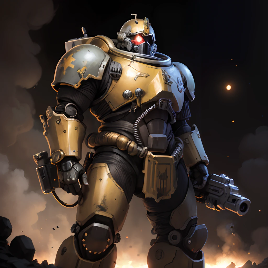 Golden and black space marine with epic realistic armour details heavy suit heavy details gun with lighting foggy background