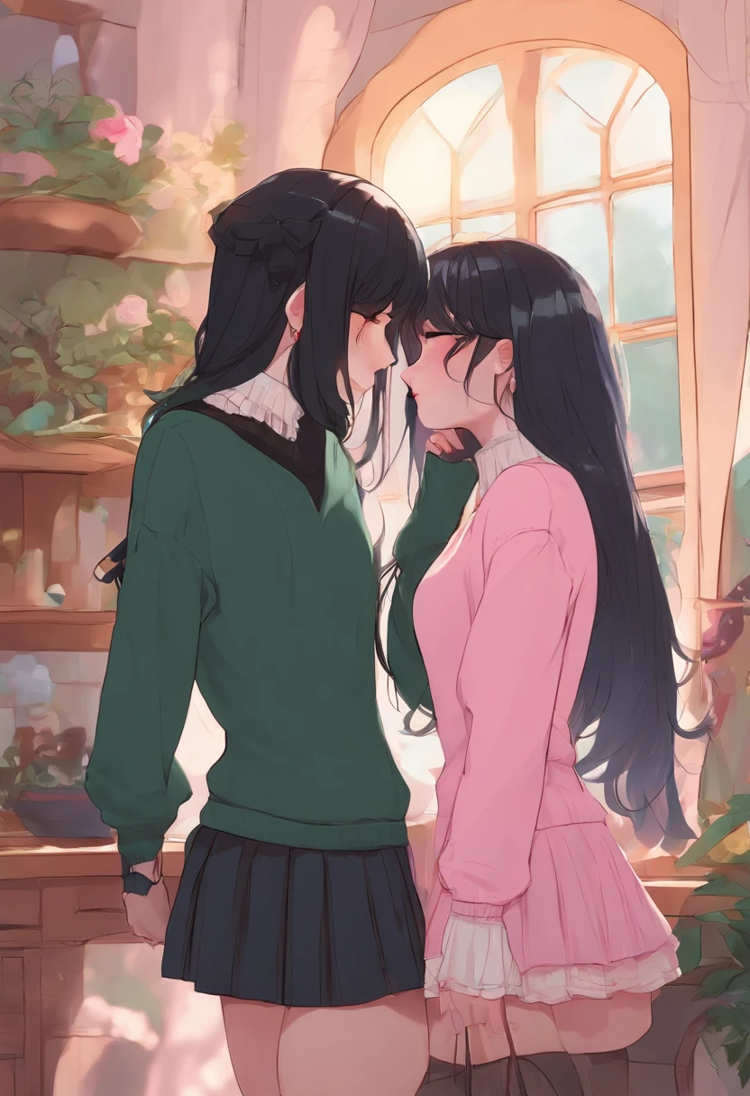cute black haired femboy goth in a dress  a cute pastel femboy in a sweater from behind