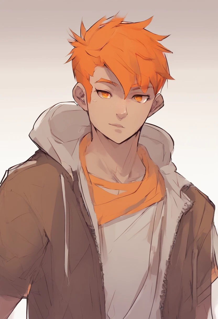  boy, light brown skin, shaved hair, orange hair, orange eyes, really short orange hair, scar on the left eye, 2d, cartoon style