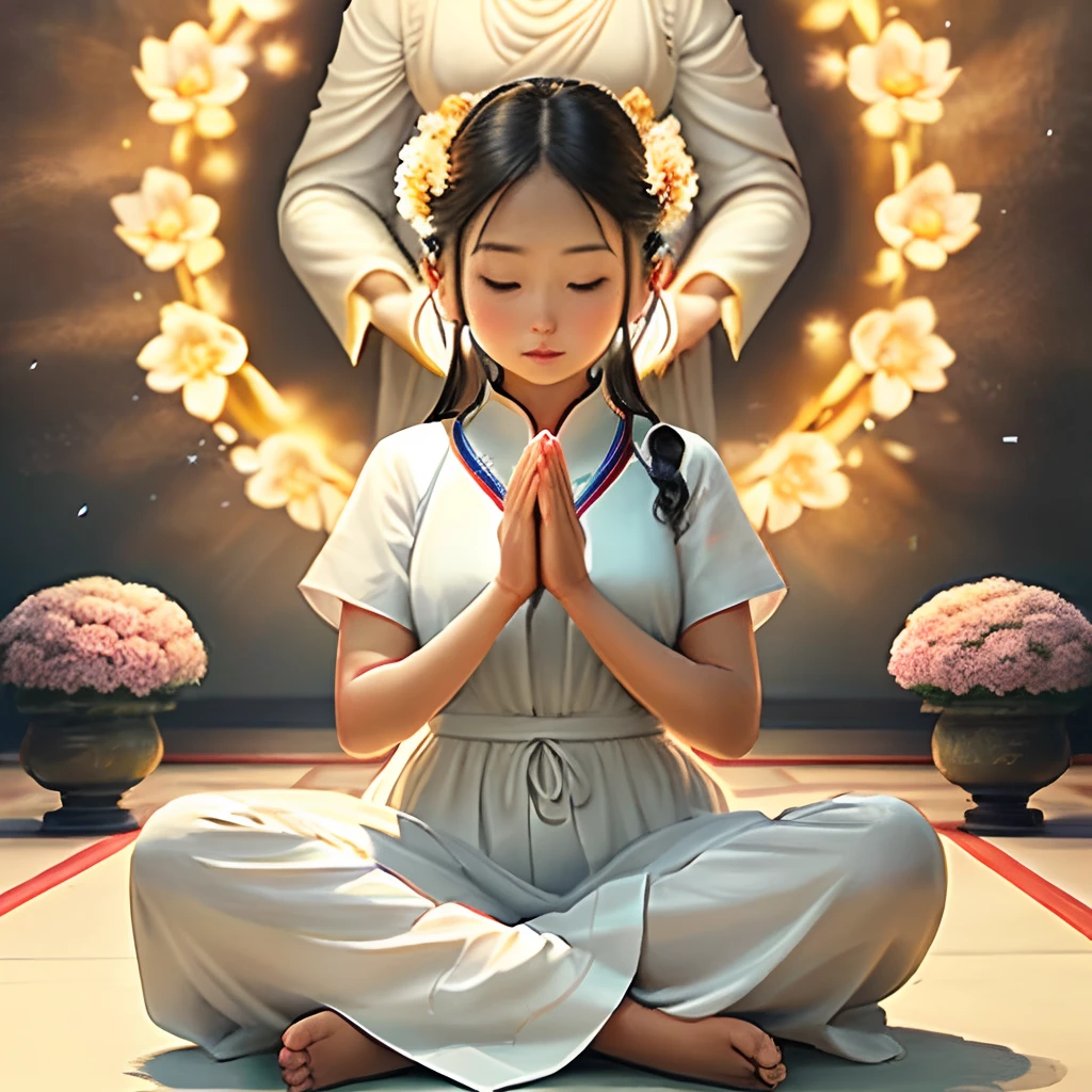 Girl in white dress, Fold 2 hands in prayer by the image of the Buddha. At the foot is full of flowers. My body radiated an aura.