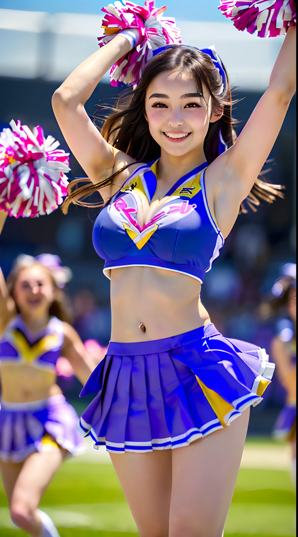 (in 8K, 超A high resolution, Best Quality, masutepiece:1.1),(18year old:1.1)、in 8K、RAW portrait of japanese girl、Photorealsitic、超A high resolution、top-quality、hi-school girl、(Cheerleading Club、Cheerleader Uniforms、I can see my panties、quite massive chest、Pretty big breasts、Show the armpits、toned body、Miniskirt that flutters quite a bit in the wind、up skirt panties:1.6)(Black hair long hair、dance、Lively dance、Mature and beautiful face:1.2)、Cute smile、espadrilles、High School Lawn Ground