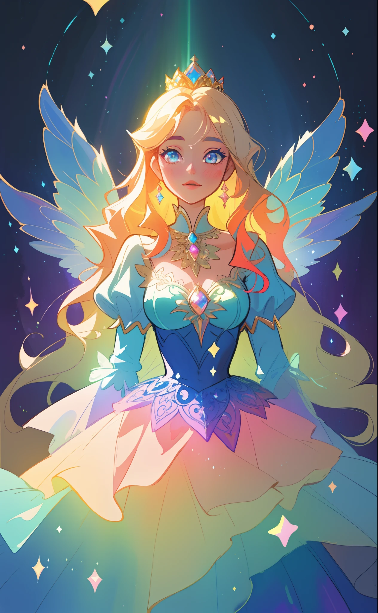 beautiful girl, puffy tiered rainbow ballgown, princess, intricate dress design, (colorful), long wavy hair, magical lights, sparkling magical liquid, inspired by Glen Keane, inspired by Lois van Baarle, disney art style, by Lois van Baarle, glowing aura around her, by Glen Keane, jen bartel, glowing lights! digital painting, flowing glowing hair, glowing flowing hair, beautiful digital illustration, fantasia background, whimsical, magical, fantasy, ((masterpiece, best quality)), intricate details, highly detailed, sharp focus, 8k resolution, sparkling detailed eyes, liquid watercolor