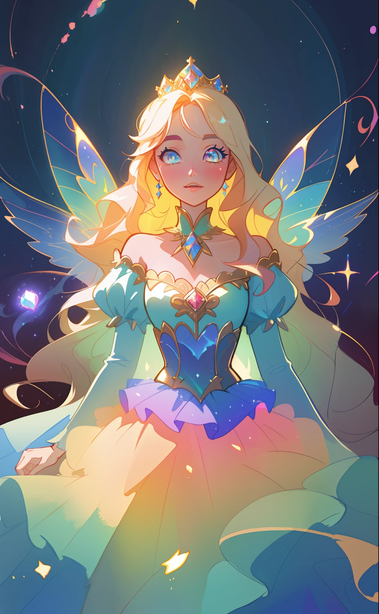 beautiful girl, puffy tiered rainbow ballgown, princess, intricate dress design, (colorful), long wavy hair, magical lights, sparkling magical liquid, inspired by Glen Keane, inspired by Lois van Baarle, disney art style, by Lois van Baarle, glowing aura around her, by Glen Keane, jen bartel, glowing lights! digital painting, flowing glowing hair, glowing flowing hair, beautiful digital illustration, fantasia background, whimsical, magical, fantasy, ((masterpiece, best quality)), intricate details, highly detailed, sharp focus, 8k resolution, sparkling detailed eyes, liquid watercolor