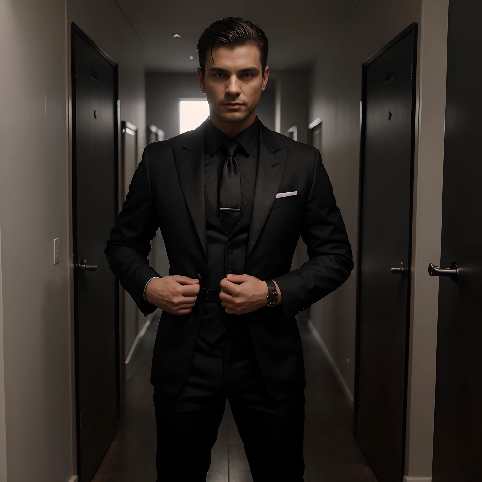 male BDSM master standing with all black formal suit holding belt in his hands ready to punish
