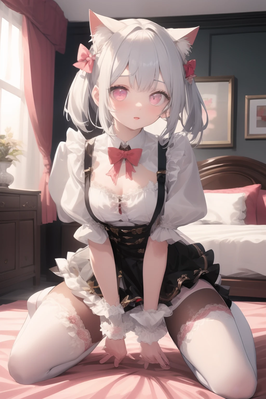 White hair,cat ear,Pink eyes,Light blue ta,White tights,pink bows,inside in room,kneeling on a bed,Lace,Seductive pose,M legs,leg wide open,pantiess,suspender stockings,Harnes, your ass,your legs,Be red in the face,Desire for dissatisfaction,gasps