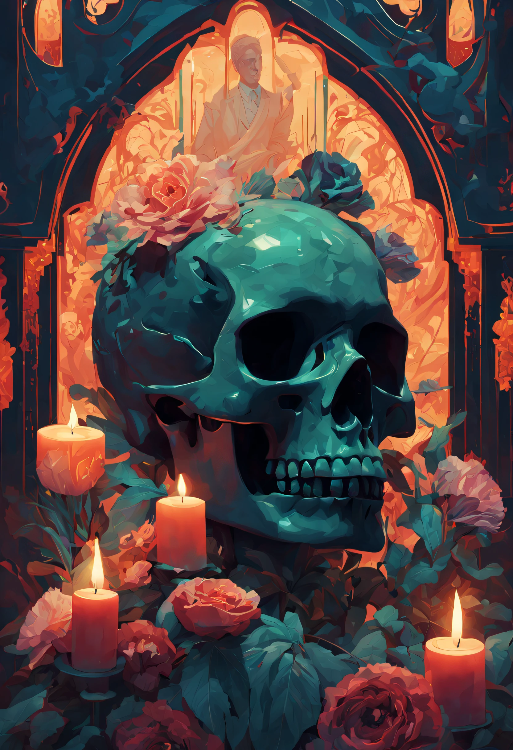 Art deco masterpiece, alpha male, at night, cemetery, flowers, skull, nightmare, candles, intricately detailed, sharp focus, extremely detailed, dark fantasy, glowing, colorful painting, rich color, HDR, octane render, digital illustration, cinematic light, art by [ Sachin Teng, Alphonse Mucha, Jean Dupas, Eugène Grasset ]
