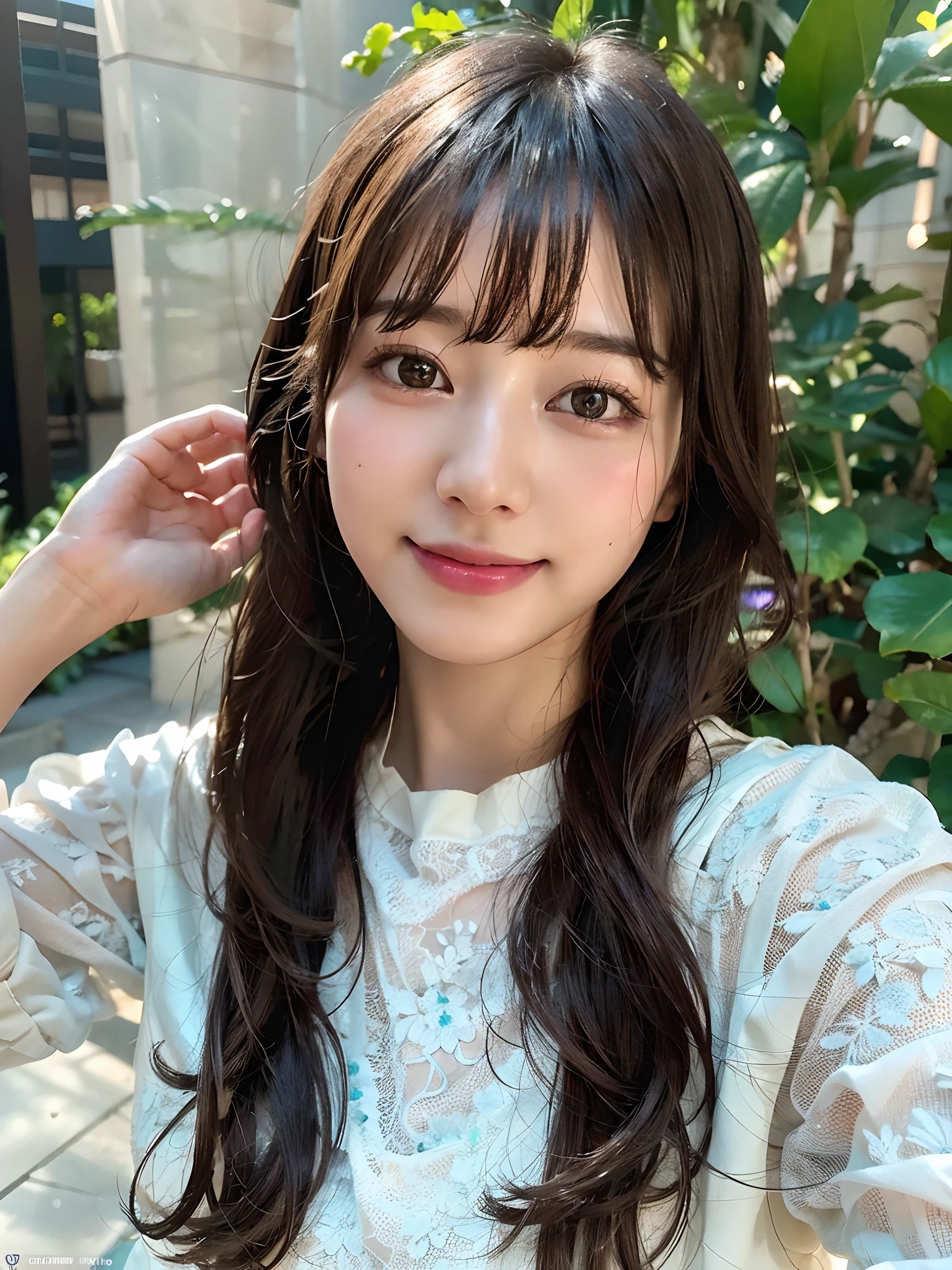 Full Body Angle、((highest quality, 8K, masterpiece: 1.3)), concentrated: 1.2, Cute girl 1,Nipples erect、 Perfect beauty: 1.4,Crisscross V-neck T-shirt, Casual summer short sleeve t-shirt: 1.2,Long sleeve、Randall Color、comics&Text Graphics、Black ruffle-trimmed drawstring zip blouse,1.1, Highly detailed face and skin textures, Fine grain, double eyelid, whitening skin, ,highest quality,Ultra-high resolution,you,1 girl,alone,_Shiny_skin,Iris,necklace,((Brown_length_Wavy_hair)),(lips)),eyelash,Front hair,deal with,compensate,Shiny,pore,skin texture,Large Breasts、smiling face、Front hair、garden、