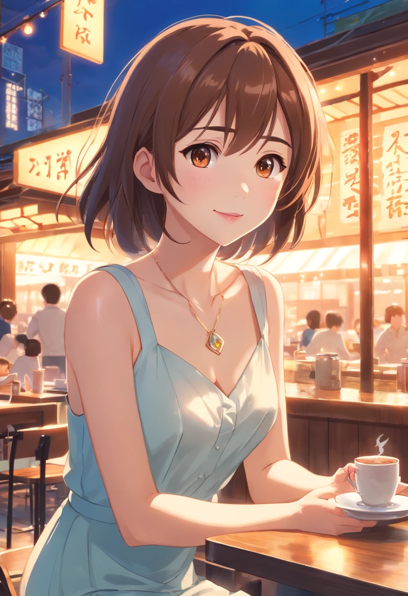 masterpiece, of the highest quality, Super Detail: 1.6), Illustration, (Solo, One woman, Beautiful detailed eyes: 1.2), (masutepiece, of the highest quality, Super Detail: 1.6), Illustration, Best Quality, Dynamic Range, Bokeh, Indoors, very short hair shorter than shoulder, Brown hair, tuck one side hair behind ear, Green eyes, Looking at Viewer, Smile, cheerful woman, Anime, (masutepiece,Best Quality,Ultra-detailed:1.6), (lip, nose, tooth, rouge, lipstick, eyeshadow:1.4), (blush:1.2), (jpeg artifacts:1.4), (depth of field, bokeh, wearing long sleeves, long skirts, high neck blouse, front view, frontal face, from front,
