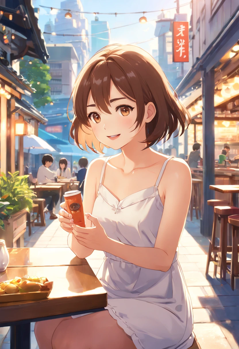 ((Daytime, Realistic Light, Best Quality, 8K, Masterpiece: 1.3)), 1 Japan Cute Girls, 21 years old, Slim Beauty: 1.4, (Brown hair), white sexy dress: 1.1, Super Slender Face, Delicate Eyes, Double Eyelids, Open Mouth, Smile, Coffee Shop Terrace Seating, Necklace, Bob Cut, Reading, From Away, Full Body,