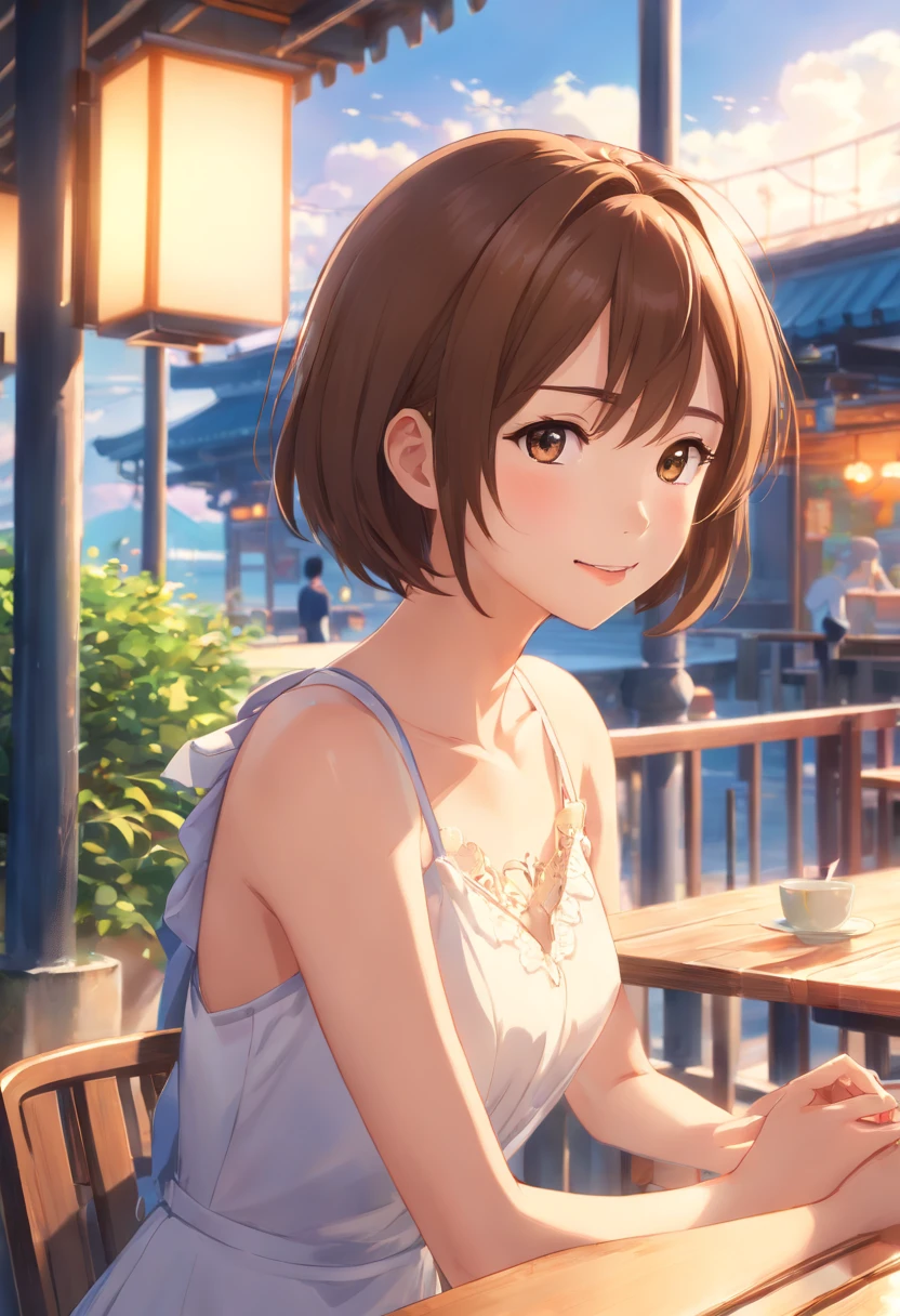 ((Daytime, Realistic Light, Best Quality, 8K, Masterpiece: 1.3)), 1 Japan Cute Girls, 21 years old, Slim Beauty: 1.4, (Brown hair), white sexy dress: 1.1, Super Slender Face, Delicate Eyes, Double Eyelids, Open Mouth, Smile, Coffee Shop Terrace Seating, Necklace, Bob Cut, Reading, From Away, Full Body,