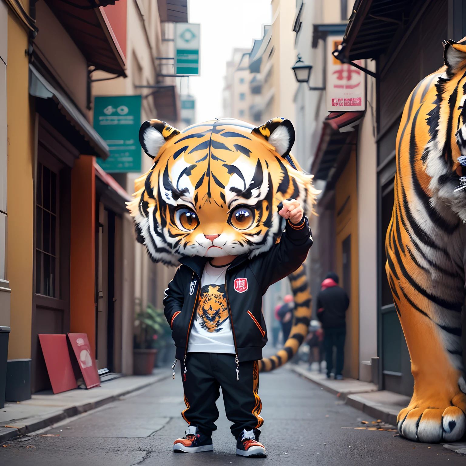 masterpiece、top-quality、ultra-detailliert、(Chibi Chara a tiger:1.3)、Man's、big brother、Street fashion、Full-body standing figure、Solo、