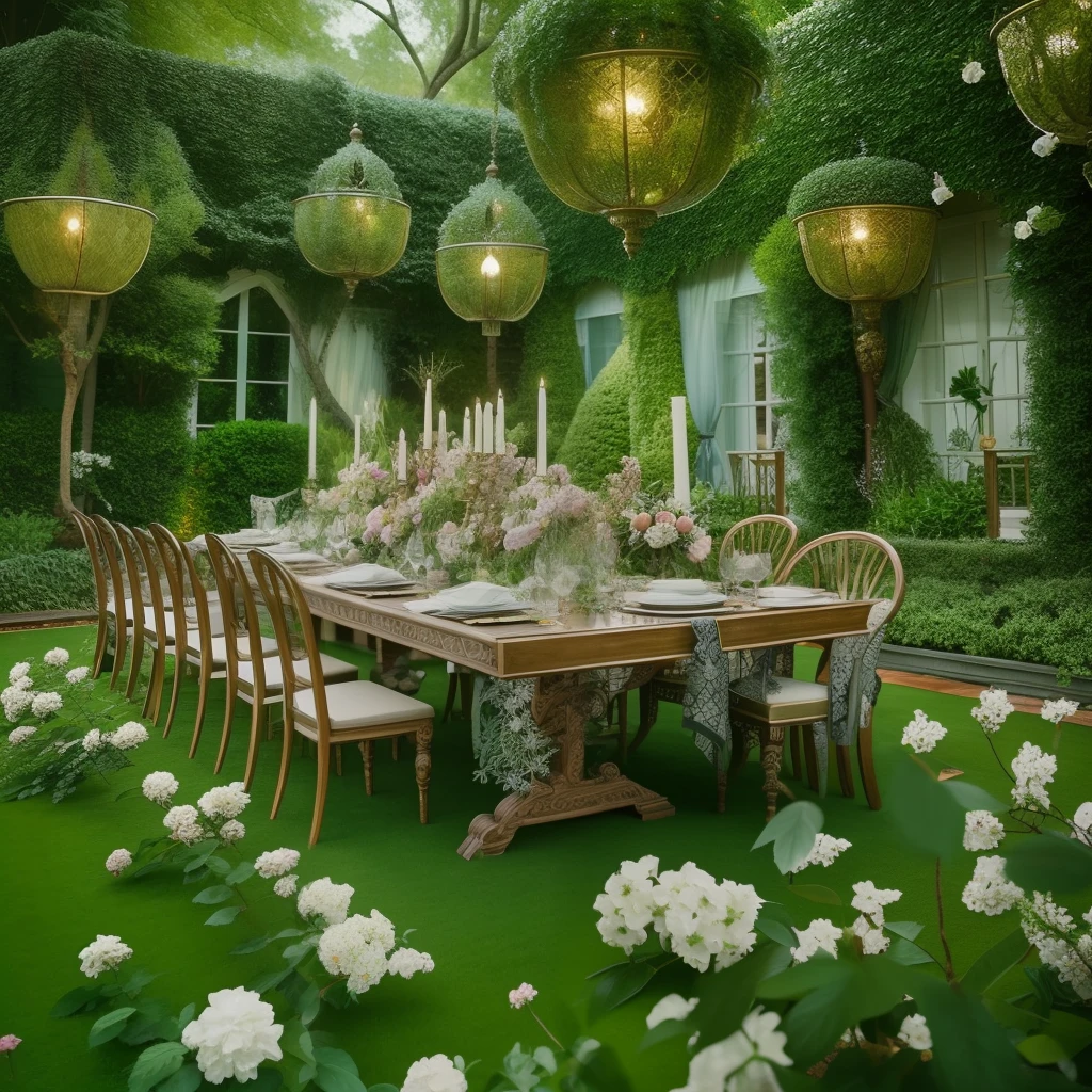 a lavishly set table in an enchanted garden which is kept in a large room