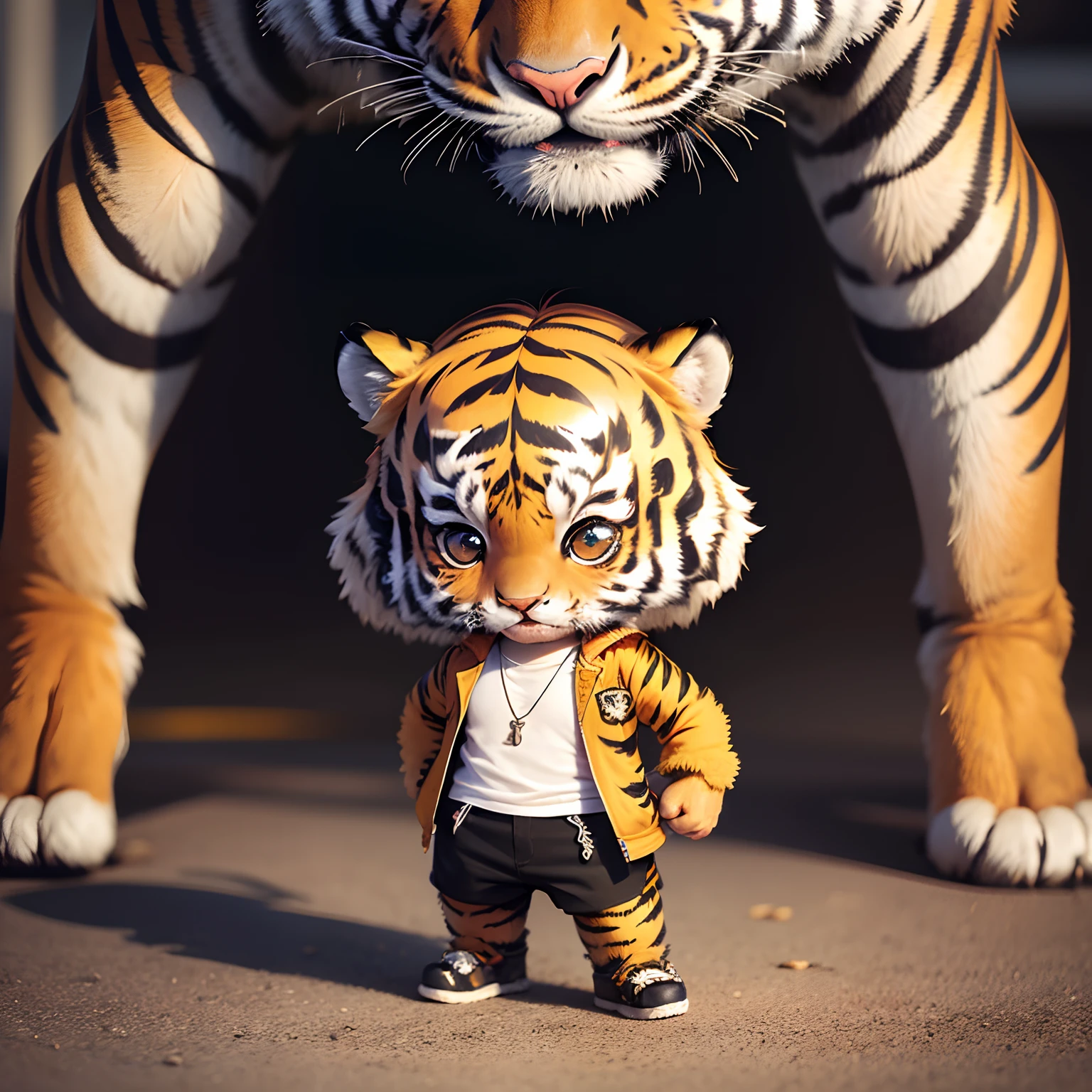 ​masterpiece、top-quality、ultra-detailliert、(Chibi Chara　a tiger:1.3)、Man's、big brother、Street fashion、Full-body standing figure、Solo、