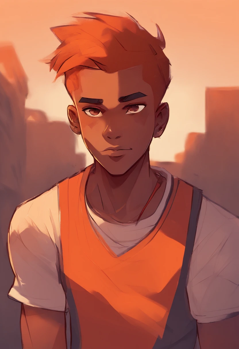 teenage boy, brown skin, shaved hair, orange hair, orange eyes, shaved orange hair, scar on the cheek, short, sleeveless red shirt, 2d, cartoon style