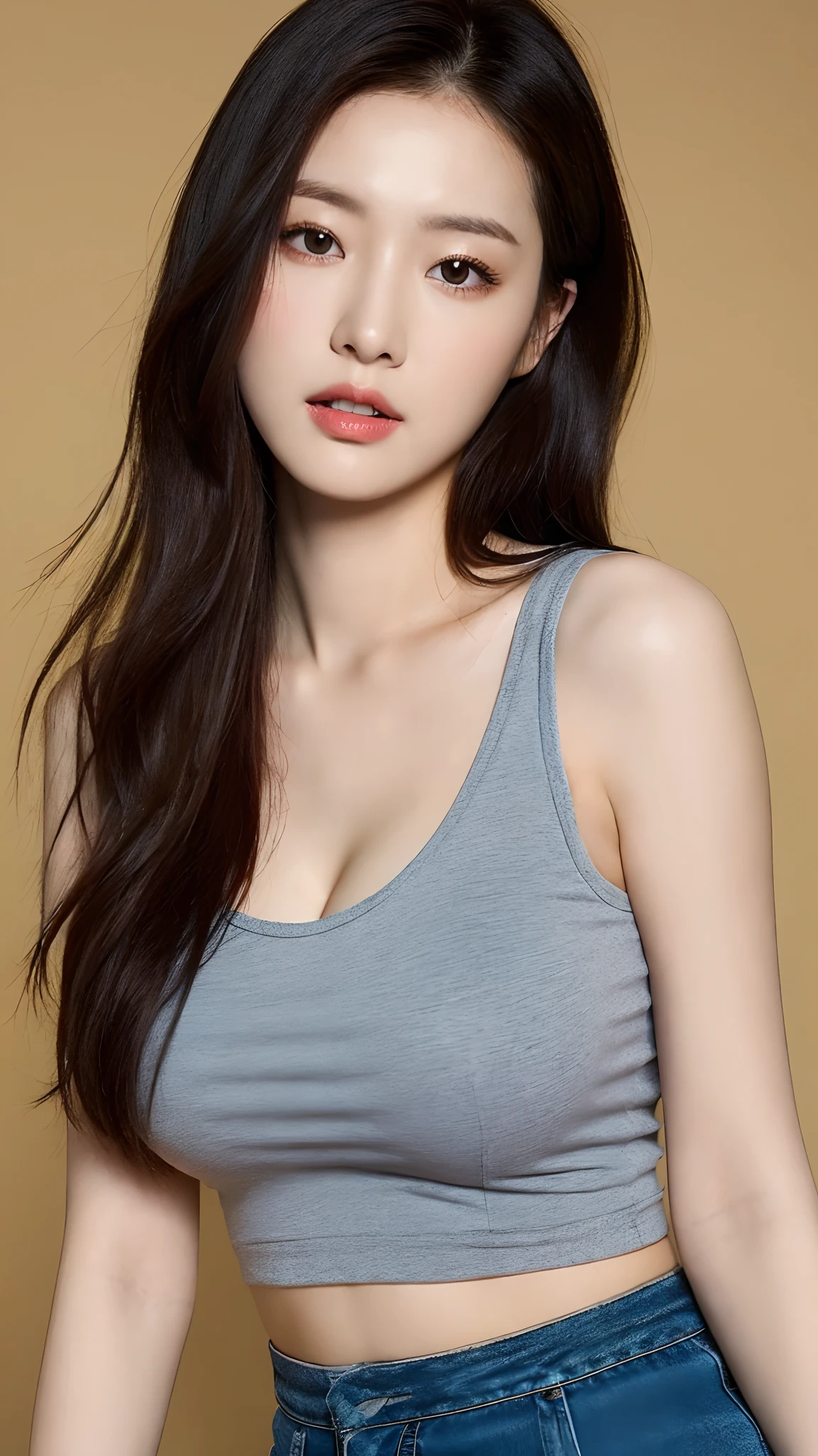 （lifelike， high - resolution：1.3）， 1 girl with a perfect body， Super fine face and eyes，slong hair， Tank top of random colors：1.2， skirt， big boob，Expose cleavage