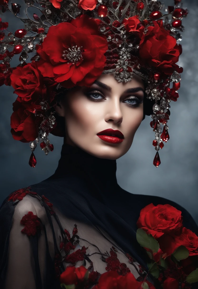 A woman with a red flower crown and red roses on her head - SeaArt AI