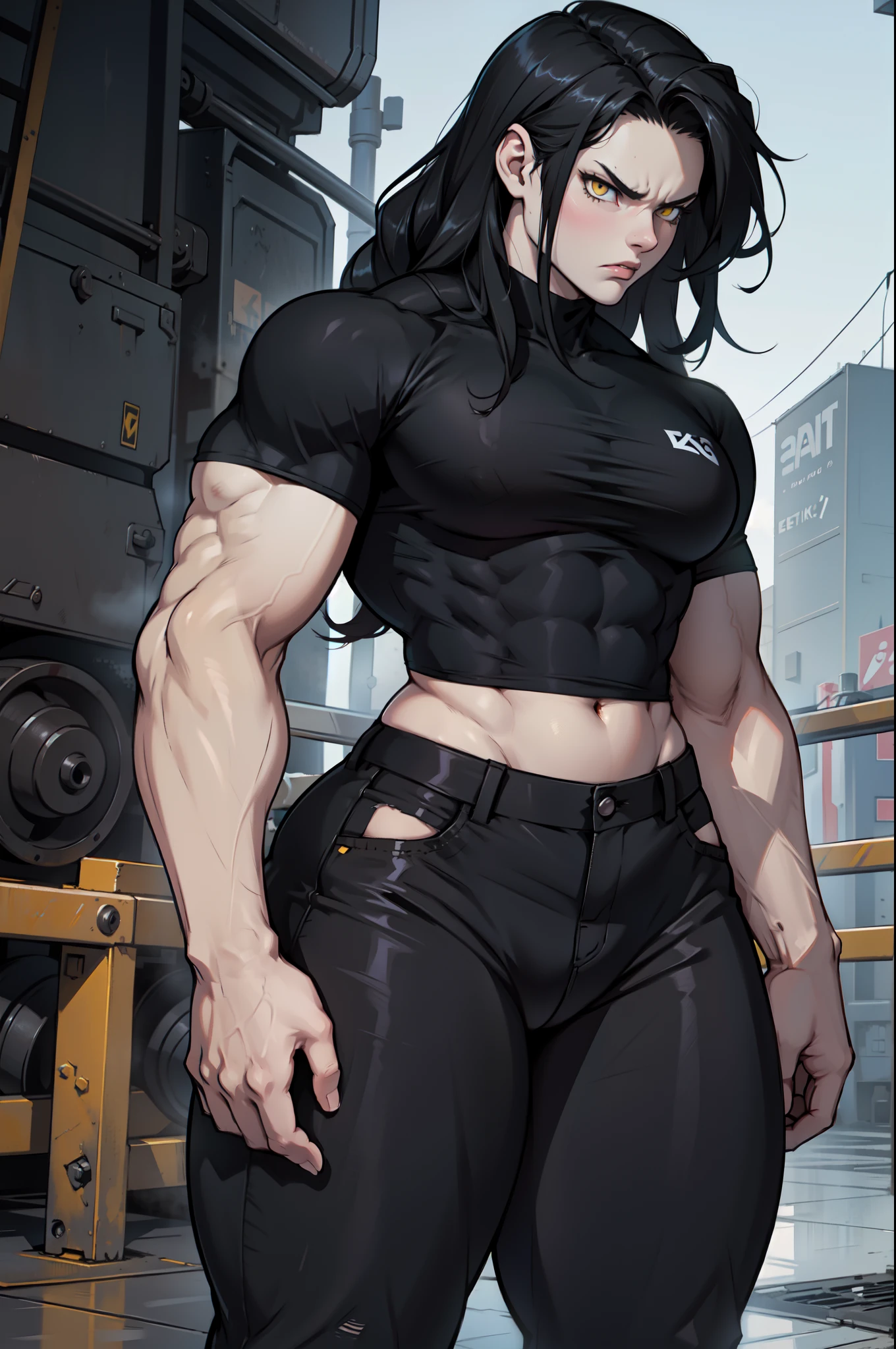 1 girl pale skin black hair yellow eyes long hair angry muscular toned body bodybuilder dark atmosphere tight shirt tight pants curvy wide hips thick thighs