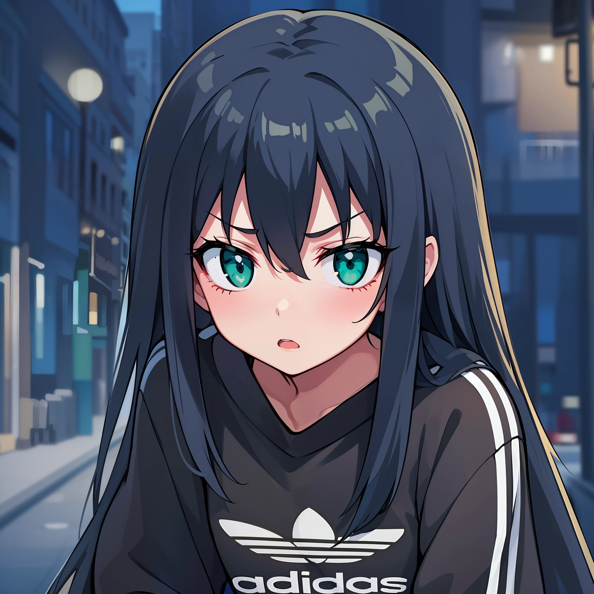 hiquality, tmasterpiece (one girls) Gopnyk. Sullen face. Outraged. open mouth. green colored eyes. adidas Dark Clothing. Streaks. dark colored hair. Against the background of the night street of the city.