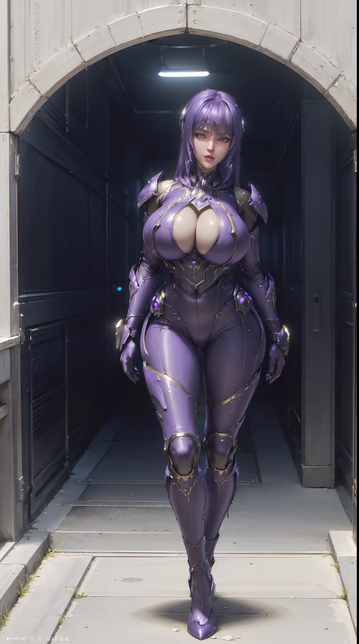 (1GIRL,SOLO:2), (super detailed face), ((BIG BUTTOCKS, HUGE FAKE BREASTS:1.5)), (CLEAVAGE TOP:1.5), (11 LINE ABS FEMALE:1.4), (MECHA GUARD ARM:1.4), ((WEAR PURPLE MECHA OVERWATCH ARMOR SUIT CROP TOP, BLACK MECHA SKINTIGHT SUIT PANTS, MECHA GUARD ARMOR LEGS, HIGH HEELS:1.5)), (LEWD VOLUPTUOUS BODY:1.3), (GLOWING SKIN:0.8), (LONG LEGS, FULL BODY:1.1), (LOOKING AT VIEWER:1.3), (female focus:0.886), (WALKING DOWN HALLWAY OF FUTURISTIC SPACE STATION:1), (BRIGHT LIGHT WHITEROOM:1.3), SUPER TEXTURE, UNREAL ENGINE RENDER, PHYSICALLY-BASED RENDERING, ULTRA HIGHT DEFINITION, 16K, 1080P.
