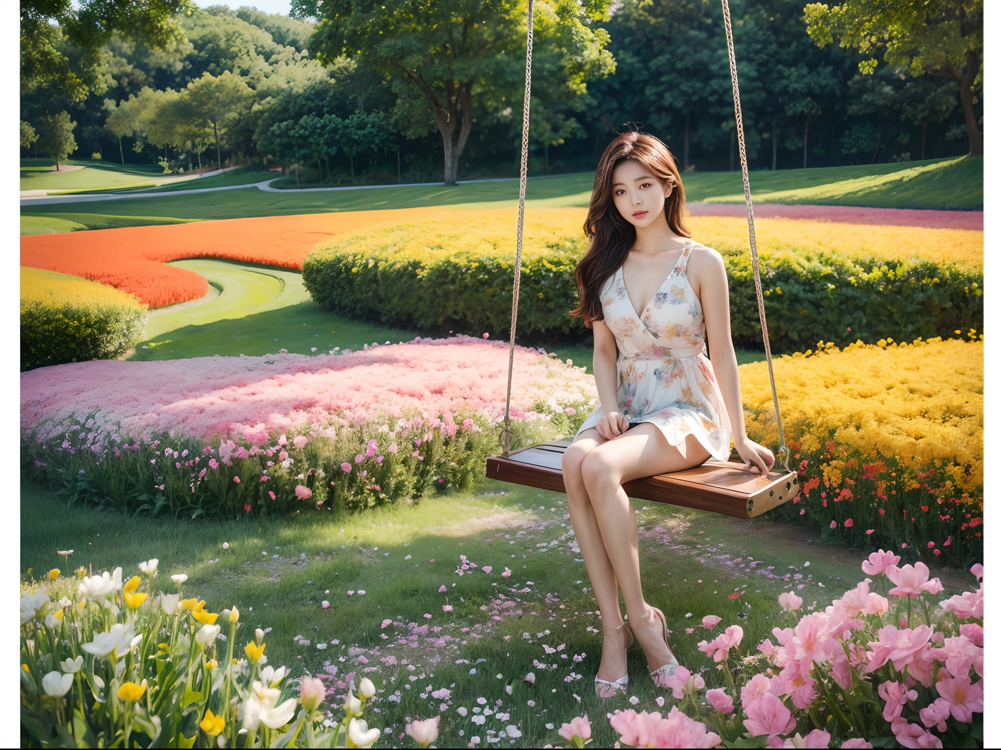 Beautiful girl sitting on swing in a flower field, Infrared photography, Graphic design, poster for, fine art, vivd colour, 1.4x realism,hyper HD,Textured skin,(anatomy correct,Accurate and perfect Korean female face,Golden ratio)