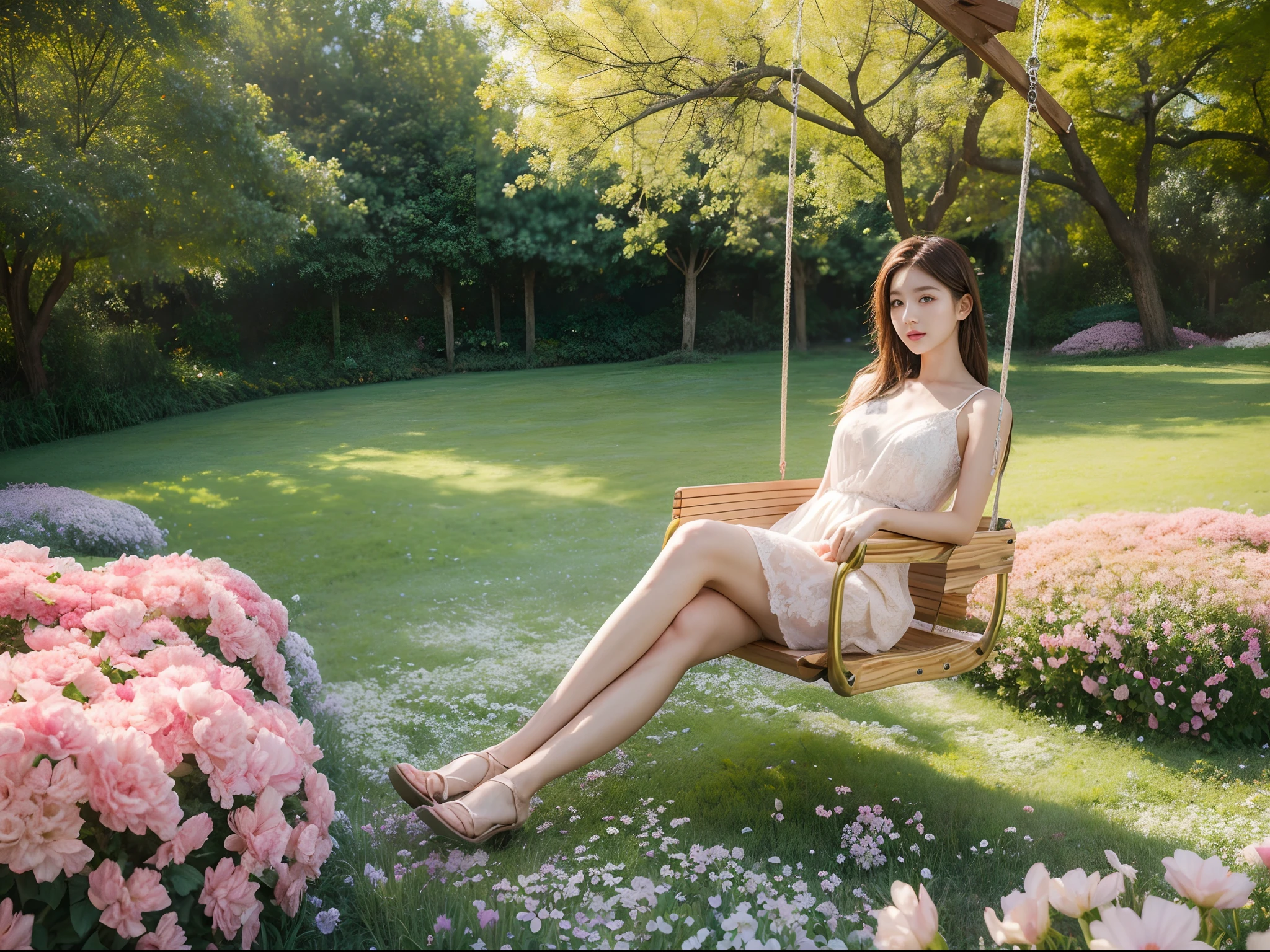 Beautiful girl sitting on swing in a flower field, Infrared photography, Graphic design, poster for, fine art, vivd colour, 1.4x realism，hyper HD，Textured skin，(anatomy correct，Accurate and perfect Korean female face，Golden ratio)