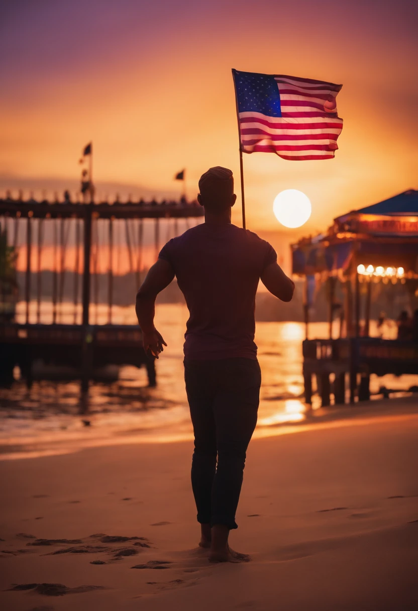 "Por favor, create a painting of Joe beehive proudly holding an American flag by the beach. In this particular art style, The setting is inspired by the atmosphere of an amusement park. The illumination represents the sunset, With shades of orange and purple painting the sky. The Beehive Joe, Expresses your characteristic personality with joy and pride. Ademais, na cena, Include the silhouette of an amusement park in the background, providing a sense of celebration and excitement."