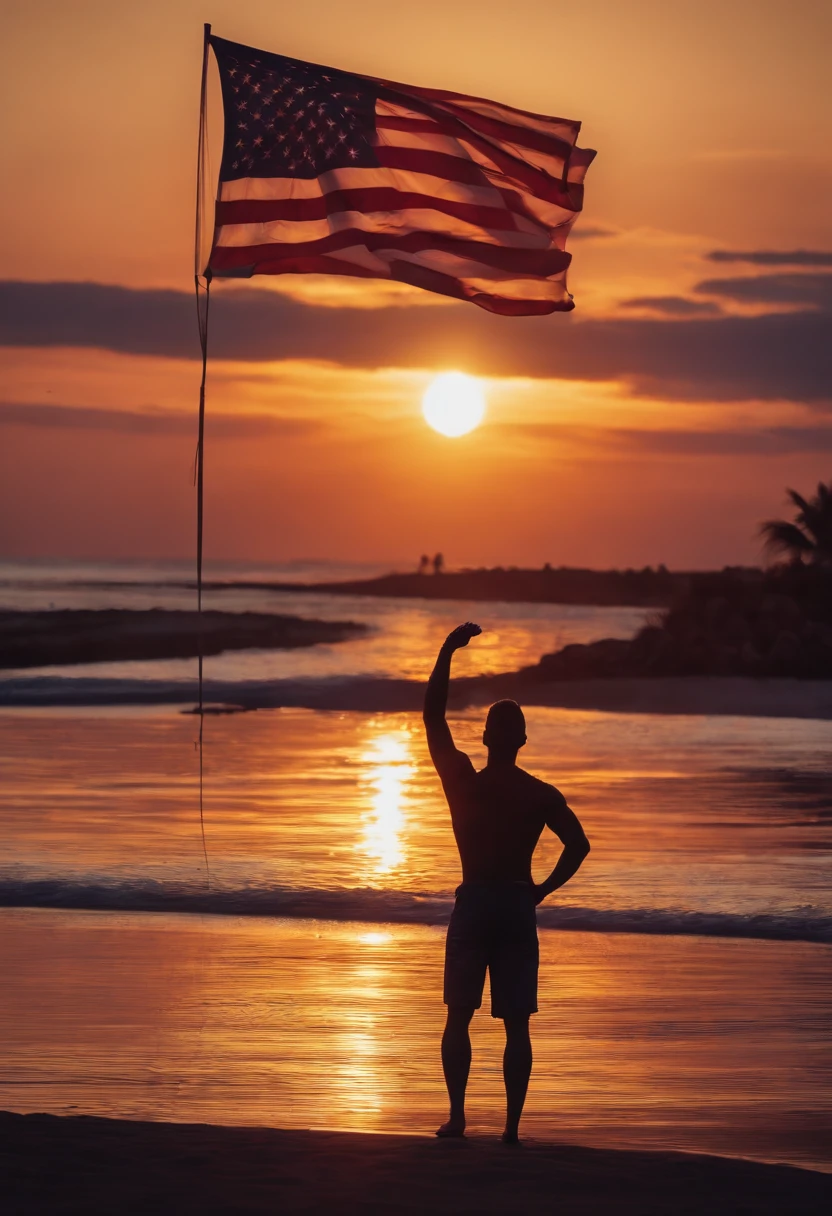 "Por favor, create a painting of Joe beehive proudly holding an American flag by the beach. In this particular art style, The setting is inspired by the atmosphere of an amusement park. The illumination represents the sunset, With shades of orange and purple painting the sky. The Beehive Joe, Expresses your characteristic personality with joy and pride. Ademais, na cena, Include the silhouette of an amusement park in the background, providing a sense of celebration and excitement."