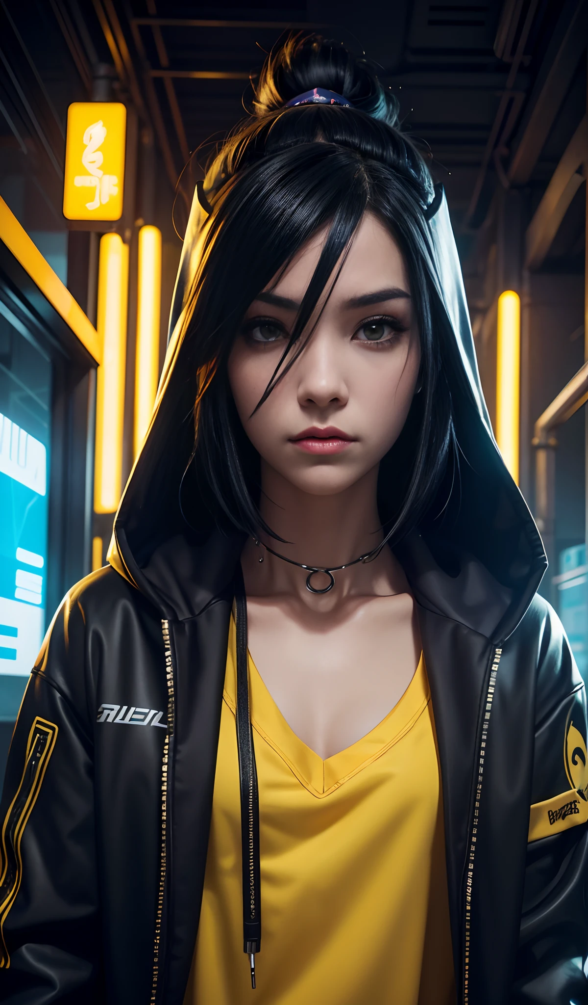 a close up of a person wearing a hoodie, cyberpunk art, inspired by rossdraws, with yellow cloths, bella poarch, dark piercing eyes, an edgy assassin, beautiful avatar pictures, beeple and jeremiah ketner, trending artistic art,