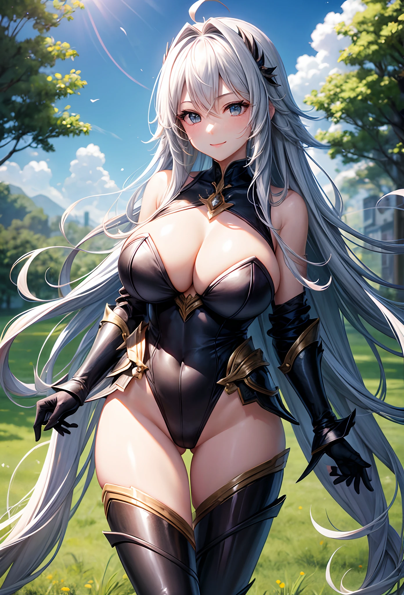 a beauty girl、huge tit、Excellent style、Nice Buddy、glamorous、Light equipment、Black leotard armor、highleg、gauntlets、greave、hair adornments、silber hair、Long Straight、Ahoge、cleavage of the breast、Exposure、1Person-person perspective、is standing、full body seen、a smile、grass field、nigh sky、the hair flutters with the wind